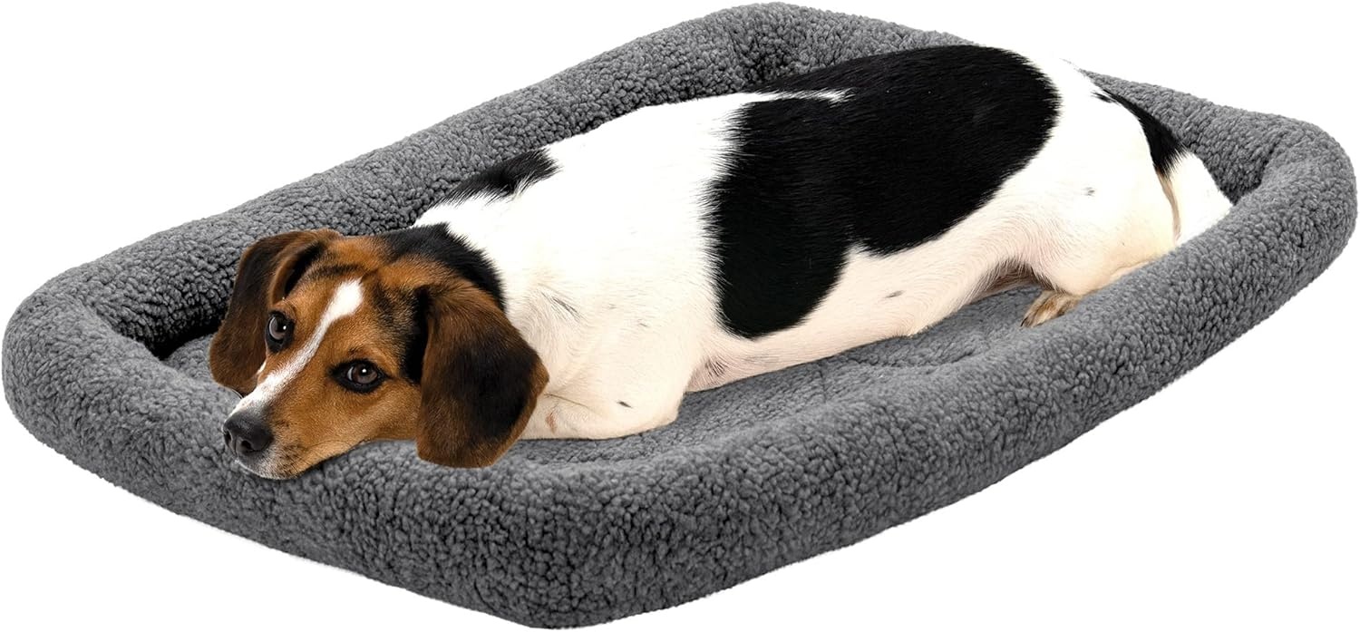 image:imageFurHaven Dog Bed for Extra Small Dogs amp Cats Bolster Crate Pad with Soft Supportive Base for Carriers amp Kennels Machine Washable Extra Small Sherpa Fleece CreamGray