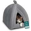 FurHaven Cat Bed Cave for Indoor Cats & Small Dogs, Washable & Foldable Pet Tent with Removable Cushion, Small, Polar Fleece, Heather Gray