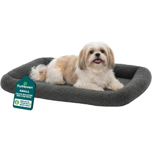 FurHaven Dog Bed for Extra Small Dogs & Cats, Bolster Crate Pad with Soft Supportive Base for Carriers & Kennels, Machine Washable, Extra Small, Sherpa Fleece, Cream(Gray)