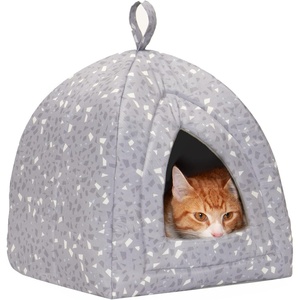 Furhaven Cat Bed Cave for Indoor Cats & Small Dogs, Washable & Foldable w/ Removable Cushion – Polycanvas Print Pet Tent – Gray Terazzo, Small