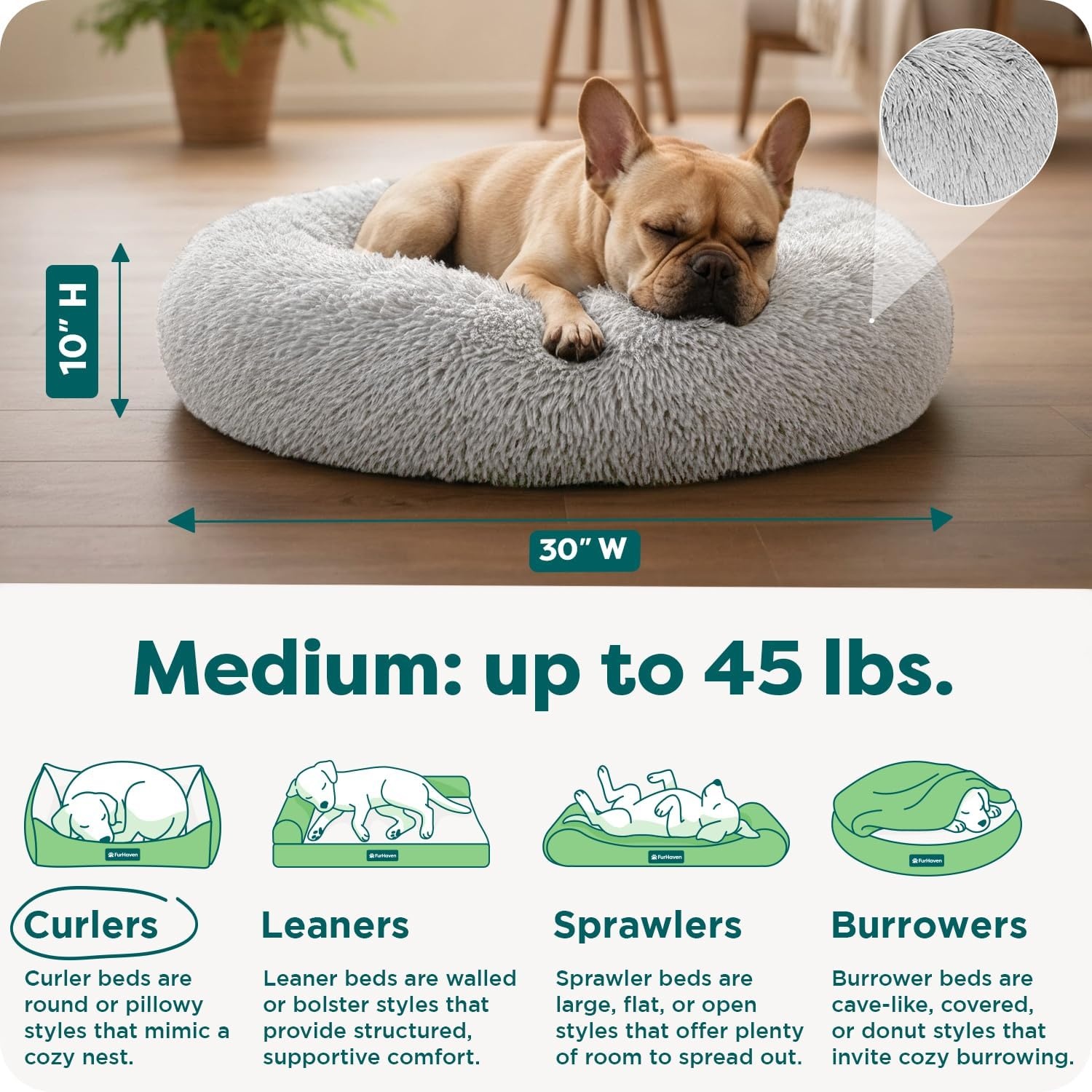 image:imageFurHaven 23 Calming Donut Dog Bed for Small Dogs amp Cats Round Plush Donut Design with Soft Filling for Snuggling Comfort Removable Washable Cover Small Shaggy Faux Fur Mist GrayMist Gray