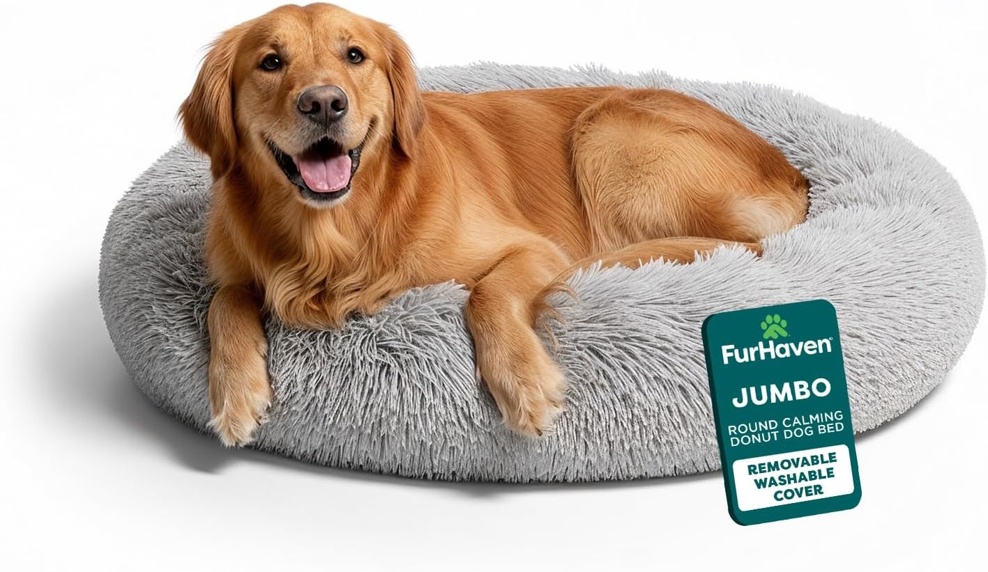 image:imageFurHaven 23 Calming Donut Dog Bed for Small Dogs amp Cats Round Plush Donut Design with Soft Filling for Snuggling Comfort Removable Washable Cover Small Shaggy Faux Fur Mist GrayMist Gray