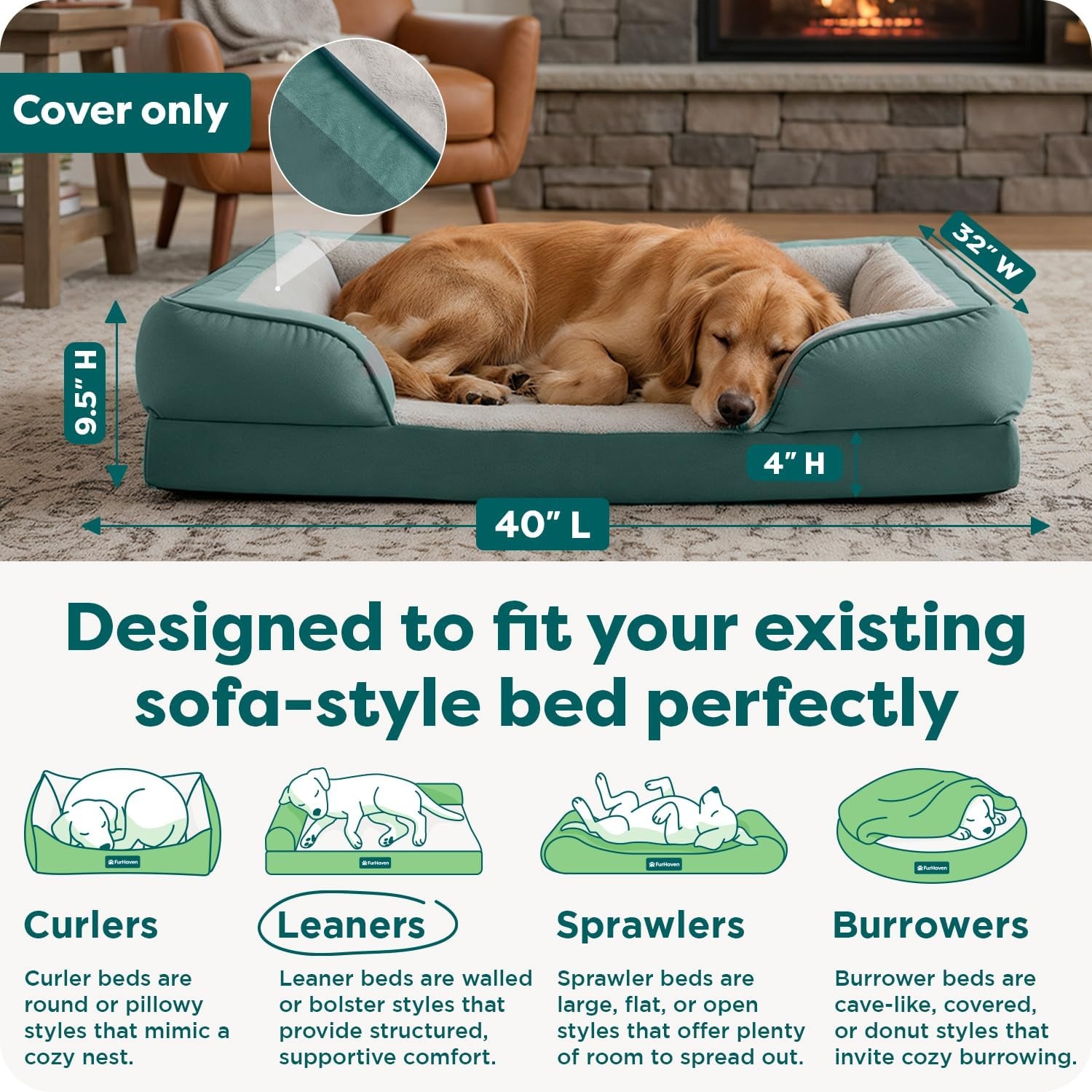 image:imageFurHaven Dog Bed Cover Replacement SofaStyle Design with Soft Breathable Fabric for Cozy Comfort Machine Washable Jumbo Plus XXL Plush amp Velvet Waves BrownstoneCeladon Green