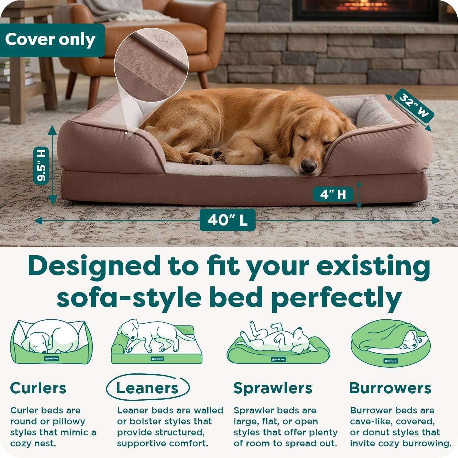 image:imageFurHaven Dog Bed Cover Replacement SofaStyle Design with Soft Breathable Fabric for Cozy Comfort Machine Washable Jumbo Plus XXL Plush amp Velvet Waves BrownstoneBrownstone