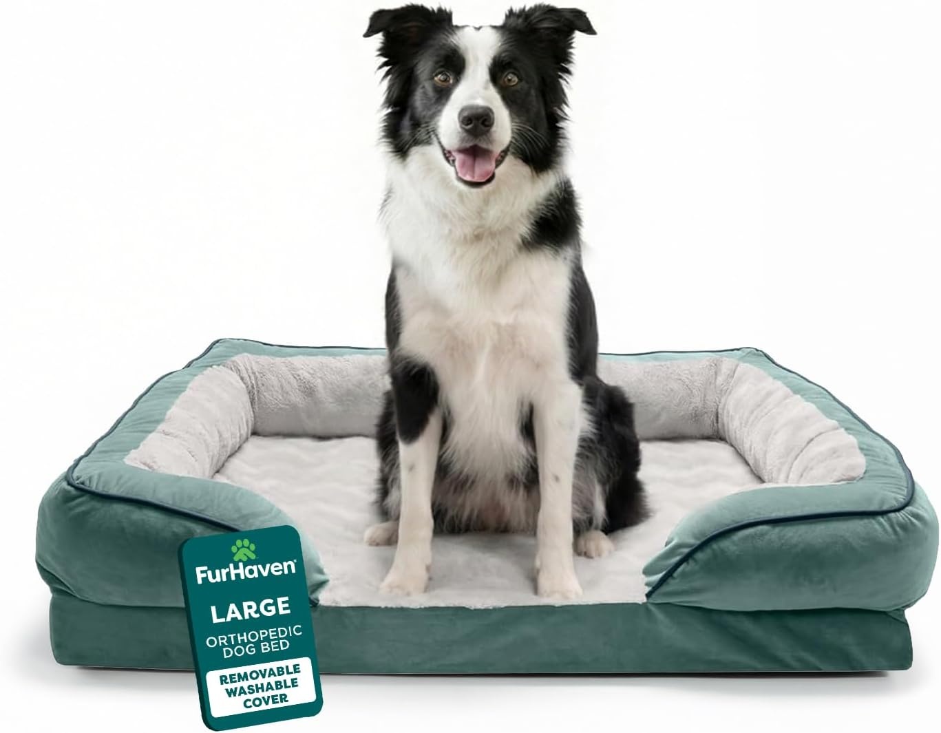 image:imageFurHaven Dog Bed Cover Replacement SofaStyle Design with Soft Breathable Fabric for Cozy Comfort Machine Washable Jumbo Plus XXL Plush amp Velvet Waves BrownstoneCeladon Green
