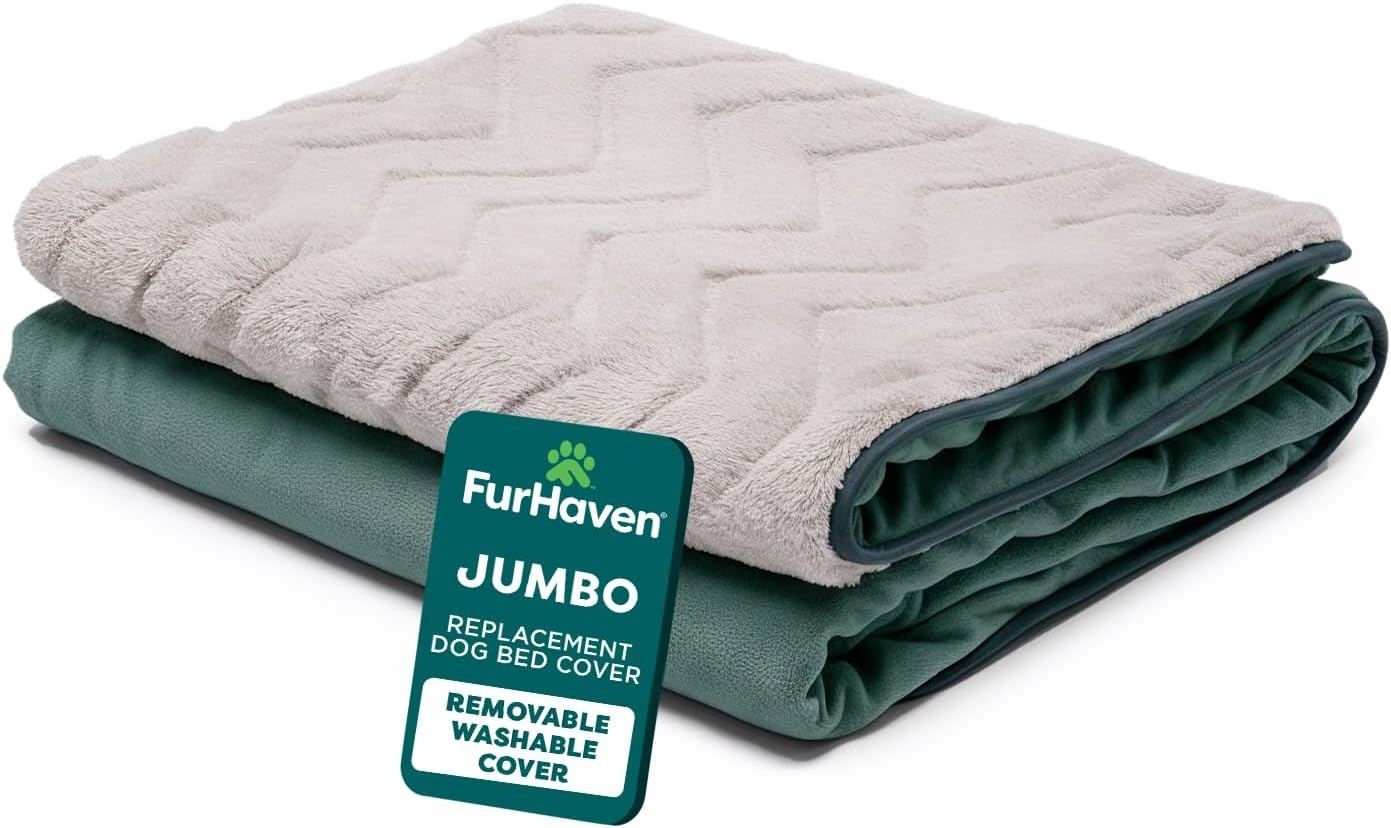 image:imageFurHaven Dog Bed Cover Replacement SofaStyle Design with Soft Breathable Fabric for Cozy Comfort Machine Washable Jumbo Plus XXL Plush amp Velvet Waves BrownstoneCeladon Green