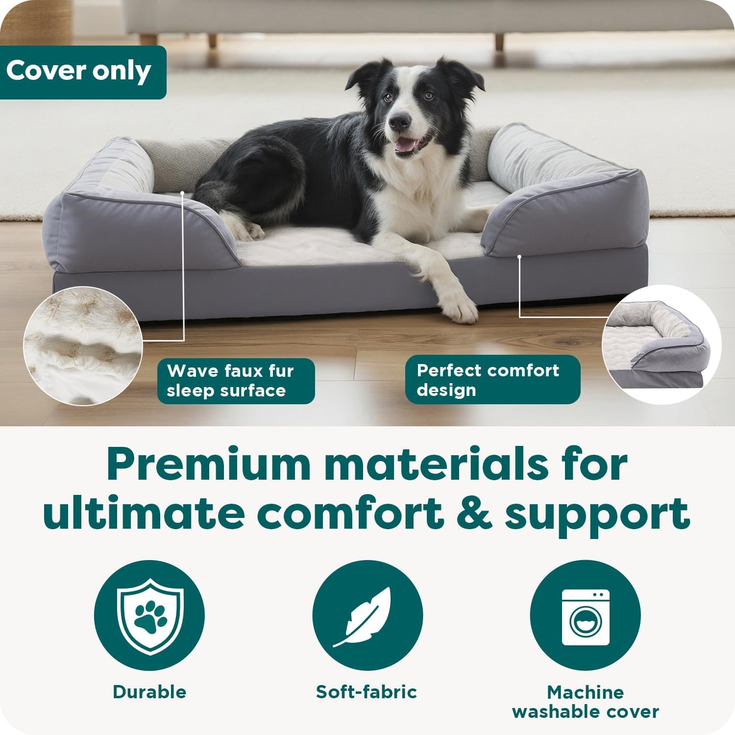 image:imageFurHaven Dog Bed Cover Replacement SofaStyle Design with Soft Breathable Fabric for Cozy Comfort Machine Washable Jumbo Plus XXL Plush amp Velvet Waves BrownstoneGranite Gray