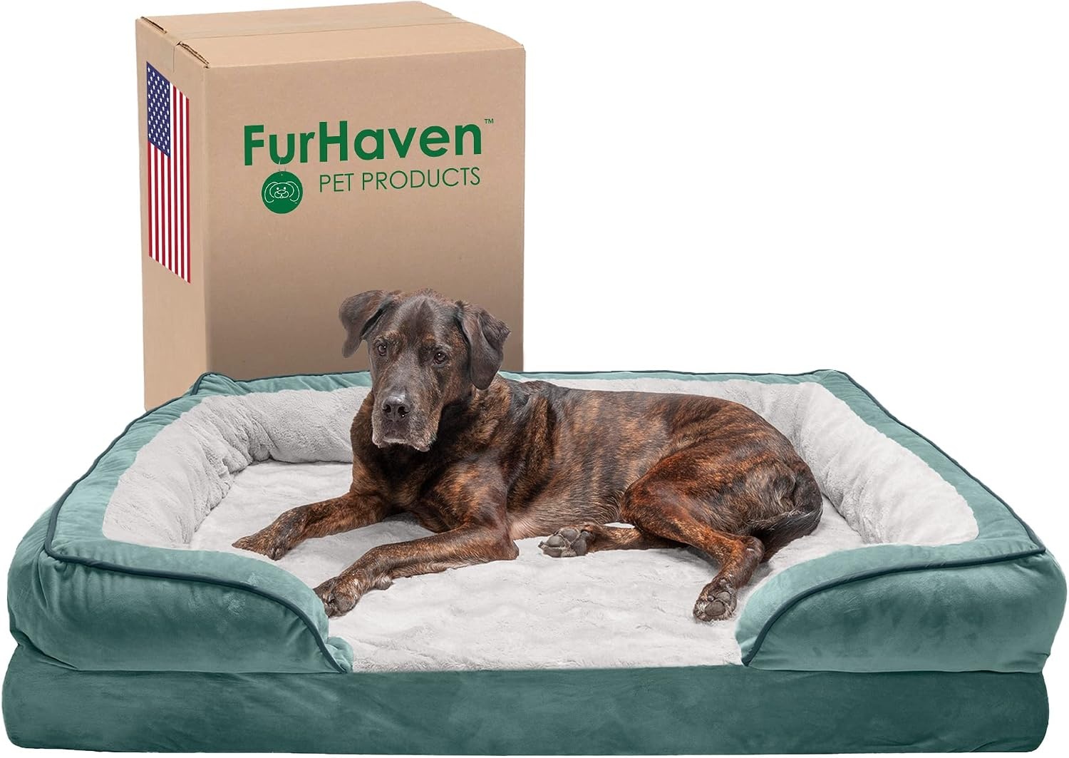 image:imageFurHaven Dog Bed Cover Replacement SofaStyle Design with Soft Breathable Fabric for Cozy Comfort Machine Washable Jumbo Plus XXL Plush amp Velvet Waves BrownstoneCeladon Green