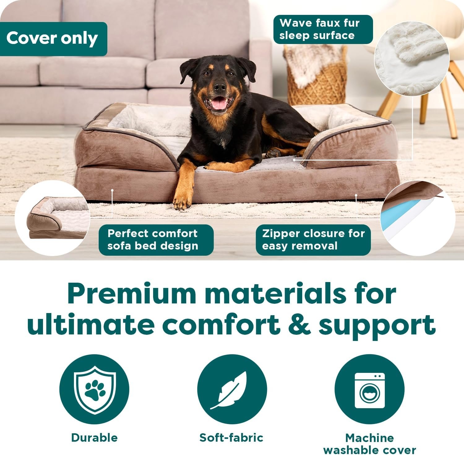 image:imageFurHaven Dog Bed Cover Replacement SofaStyle Design with Soft Breathable Fabric for Cozy Comfort Machine Washable Jumbo Plus XXL Plush amp Velvet Waves BrownstoneBrownstone