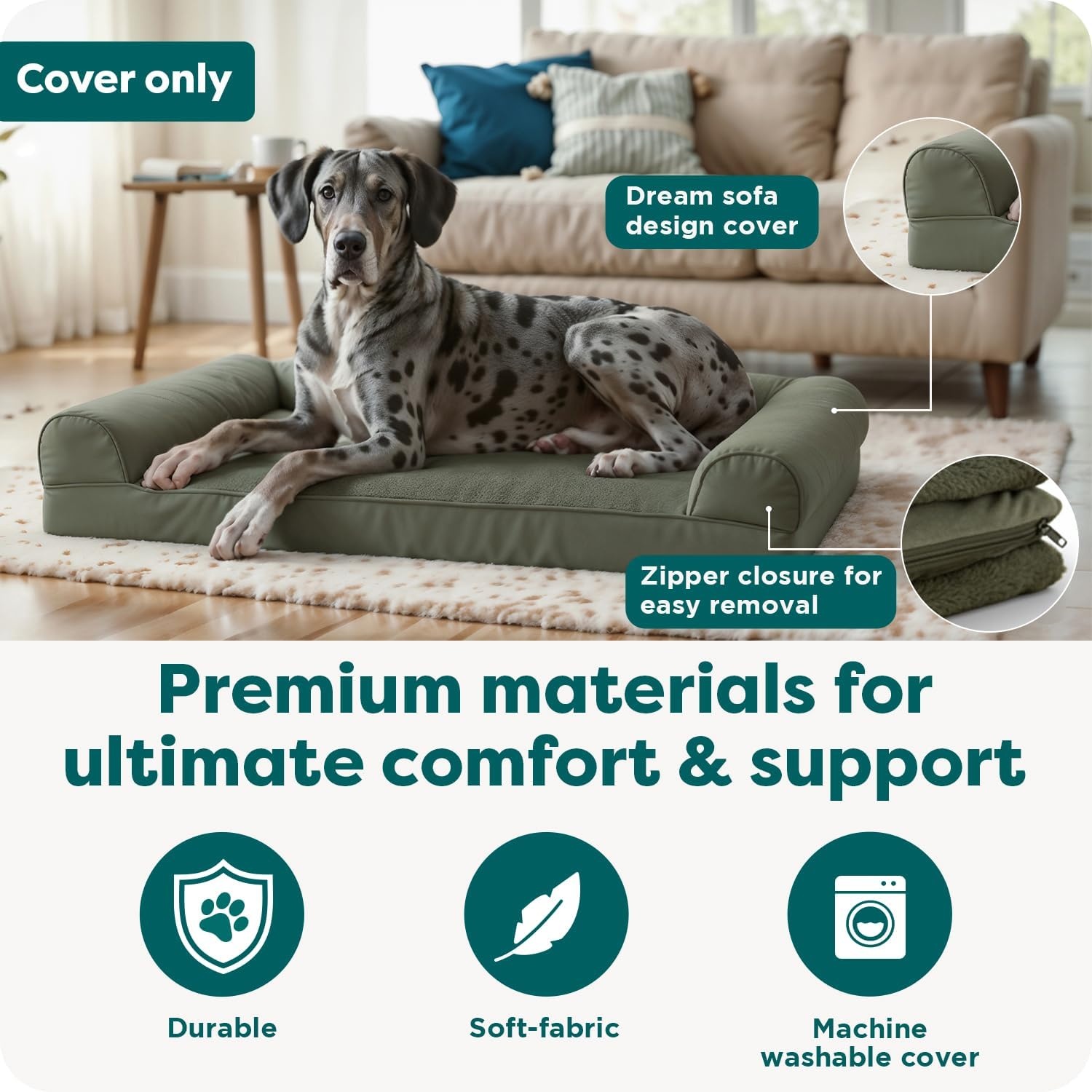 image:imageFurHaven Dog Bed Cover Replacement SofaStyle Design with Soft Breathable Fabric for Cozy Comfort Machine Washable Jumbo Plus XXL Plush amp Velvet Waves BrownstoneFaux Fur Velvet Dark Sage