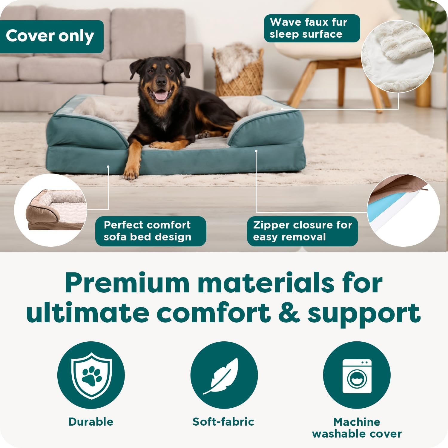 image:imageFurHaven Dog Bed Cover Replacement SofaStyle Design with Soft Breathable Fabric for Cozy Comfort Machine Washable Jumbo Plus XXL Plush amp Velvet Waves BrownstoneCeladon Green