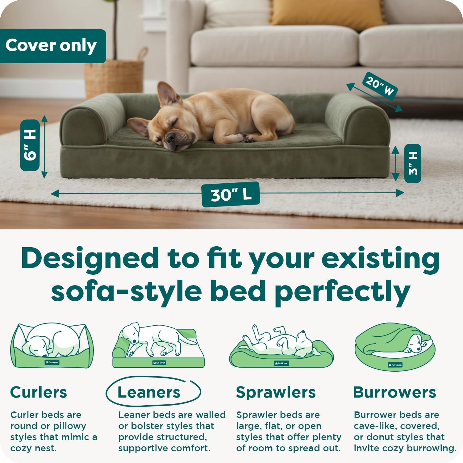 image:imageFurHaven Dog Bed Cover Replacement SofaStyle Design with Soft Breathable Fabric for Cozy Comfort Machine Washable Jumbo Plus XXL Plush amp Velvet Waves BrownstoneFaux Fur Velvet Dark Sage