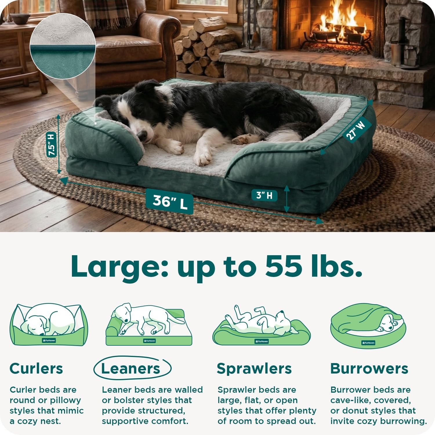 image:imageFurHaven Dog Bed Cover Replacement SofaStyle Design with Soft Breathable Fabric for Cozy Comfort Machine Washable Jumbo Plus XXL Plush amp Velvet Waves BrownstoneCeladon Green
