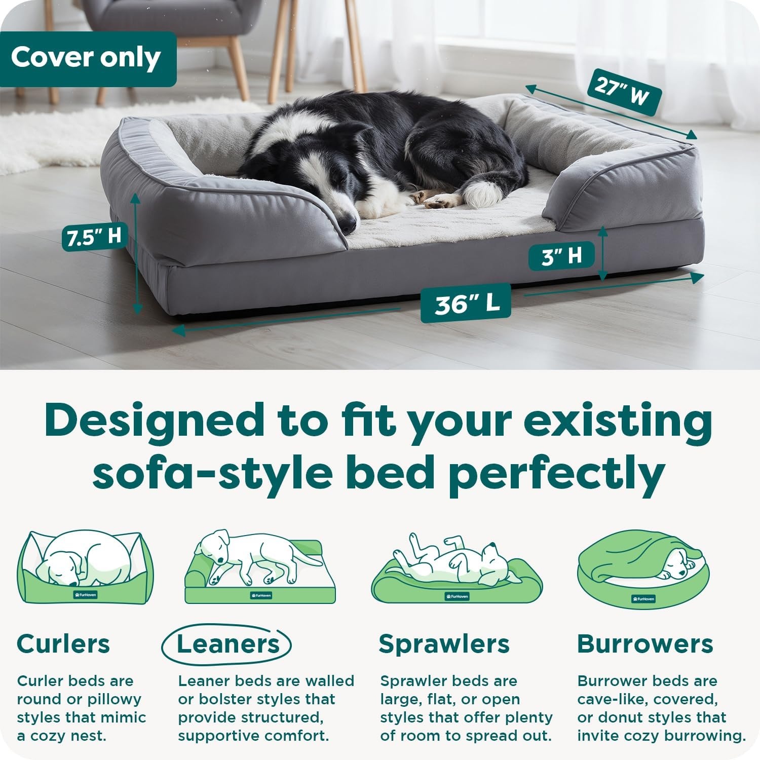 image:imageFurHaven Dog Bed Cover Replacement SofaStyle Design with Soft Breathable Fabric for Cozy Comfort Machine Washable Jumbo Plus XXL Plush amp Velvet Waves BrownstoneGranite Gray