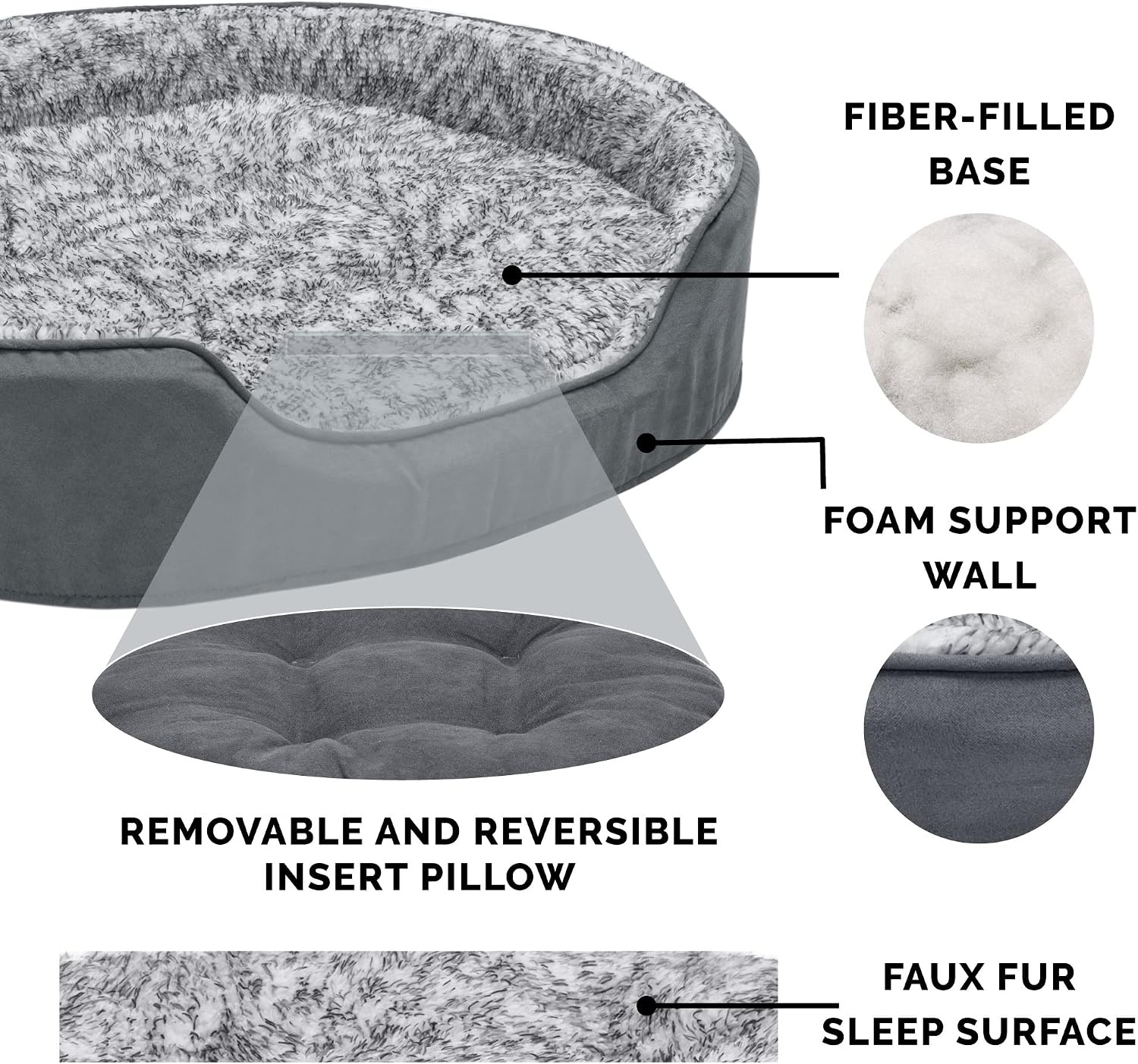 image:imageFurHaven Dog Bed for Small Dogs Oval Lounger with Soft Pillow Cushion Insert for Cozy Comfort Removable Washable Cover Small Faux Fur amp Suede GrayTwo Tone Gray