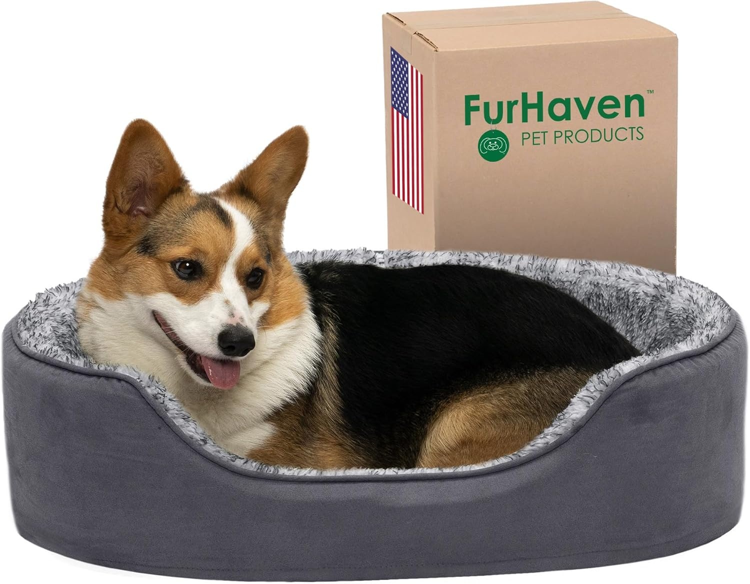 image:imageFurHaven Dog Bed for Small Dogs Oval Lounger with Soft Pillow Cushion Insert for Cozy Comfort Removable Washable Cover Small Faux Fur amp Suede GrayTwo Tone Gray