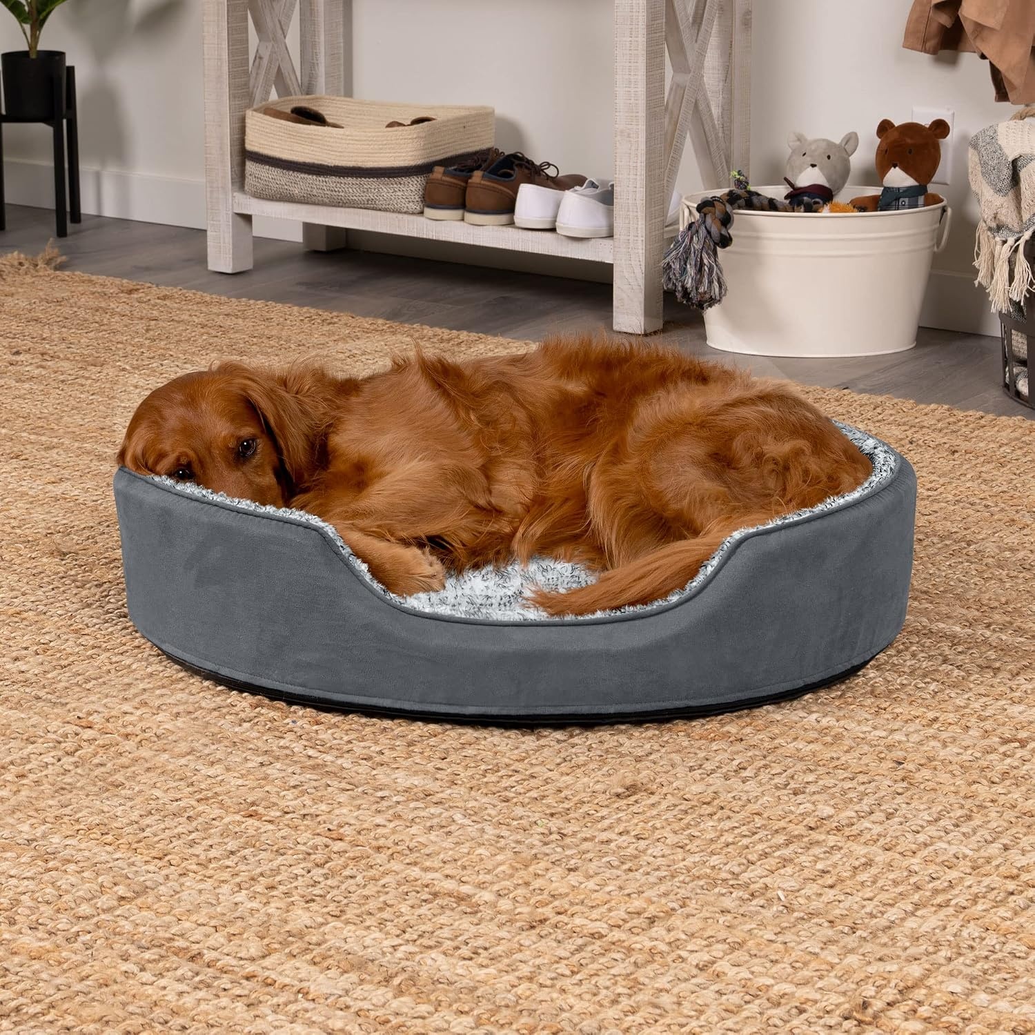 image:imageFurHaven Dog Bed for Small Dogs Oval Lounger with Soft Pillow Cushion Insert for Cozy Comfort Removable Washable Cover Small Faux Fur amp Suede GrayTwo Tone Gray