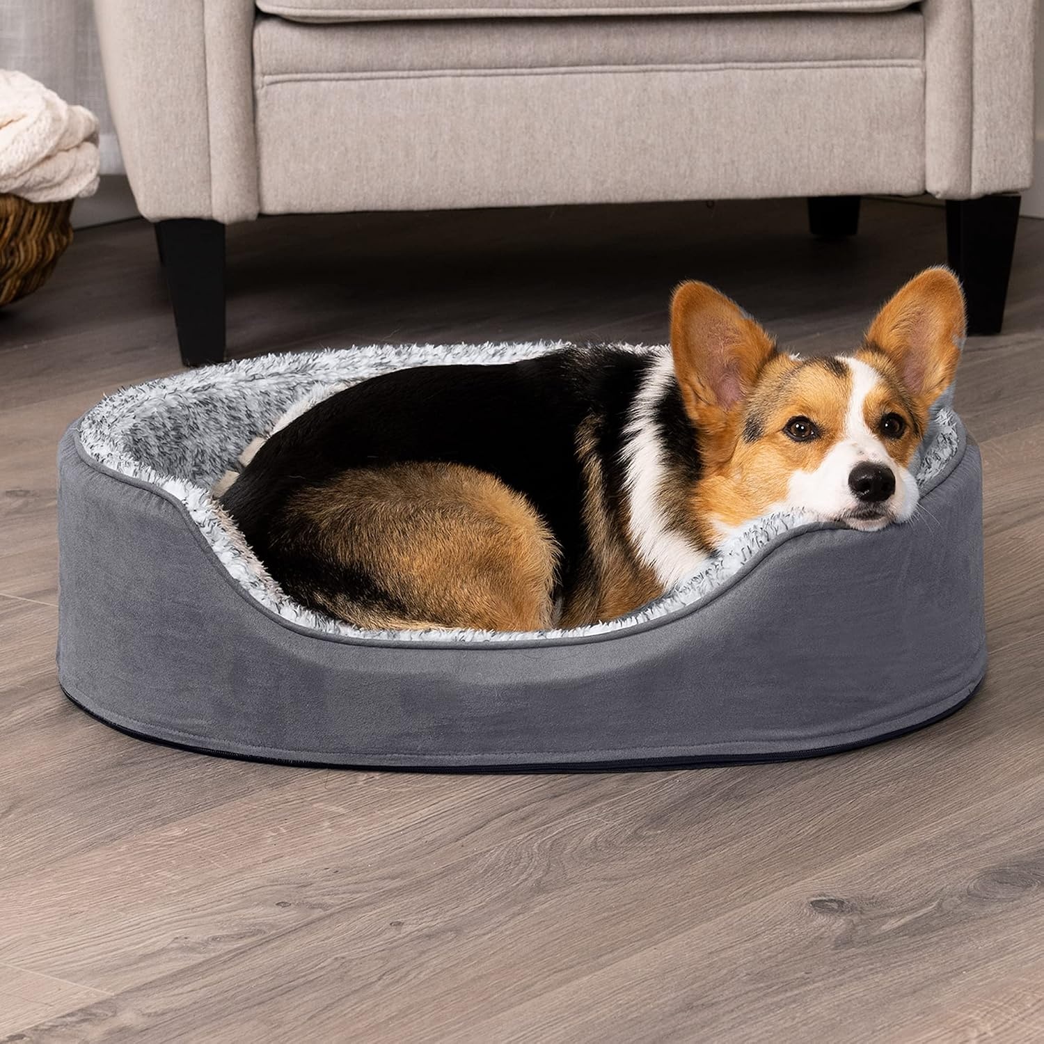 image:imageFurHaven Dog Bed for Small Dogs Oval Lounger with Soft Pillow Cushion Insert for Cozy Comfort Removable Washable Cover Small Faux Fur amp Suede GrayTwo Tone Gray