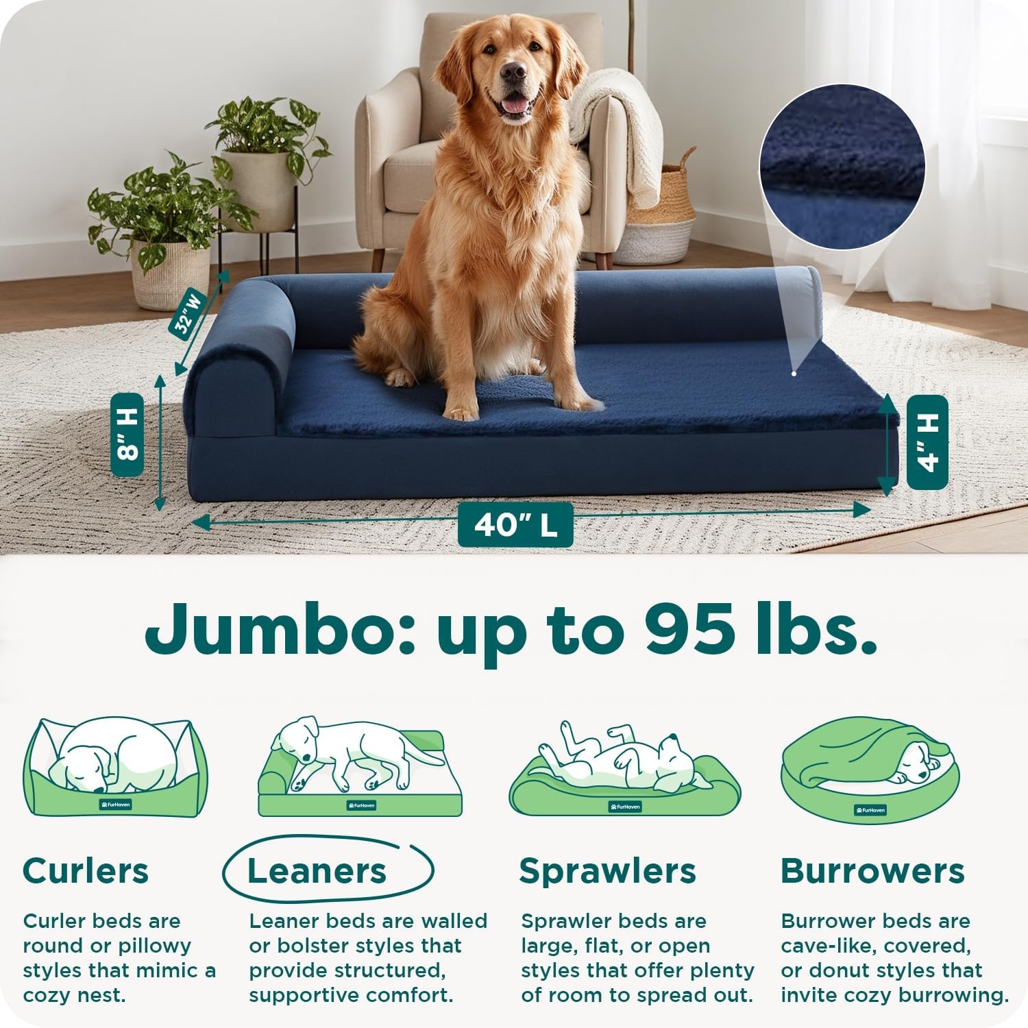 image:imageFurHaven Orthopedic Dog Bed for Large Dogs LShaped Chaise Contour Mattress with Solid Orthopedic Foam Slab for Joint Support Removable Washable Cover Jumbo Plus XXL Faux Fur amp Suede EspressoDeep Sapphire