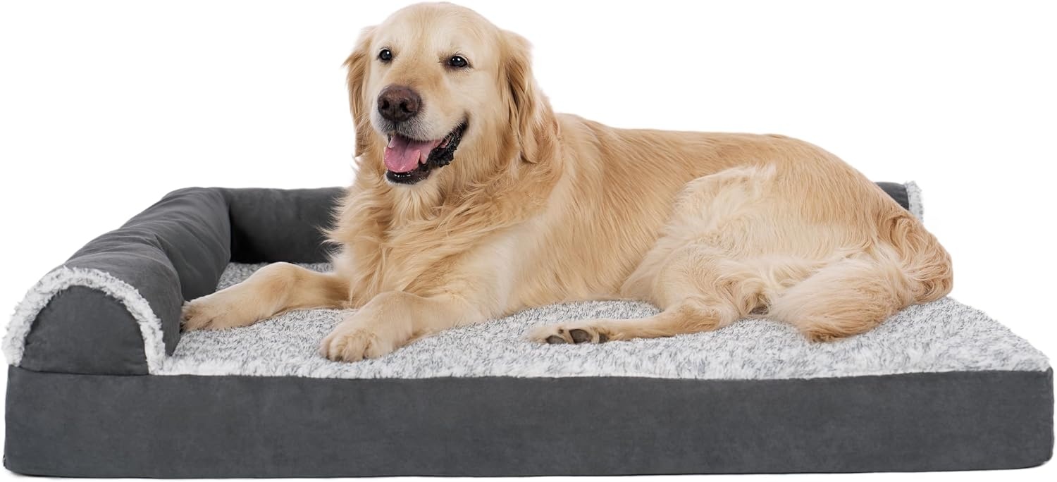 image:imageFurHaven Orthopedic Dog Bed for Large Dogs LShaped Chaise Contour Mattress with Solid Orthopedic Foam Slab for Joint Support Removable Washable Cover Jumbo Plus XXL Faux Fur amp Suede EspressoStone Gray