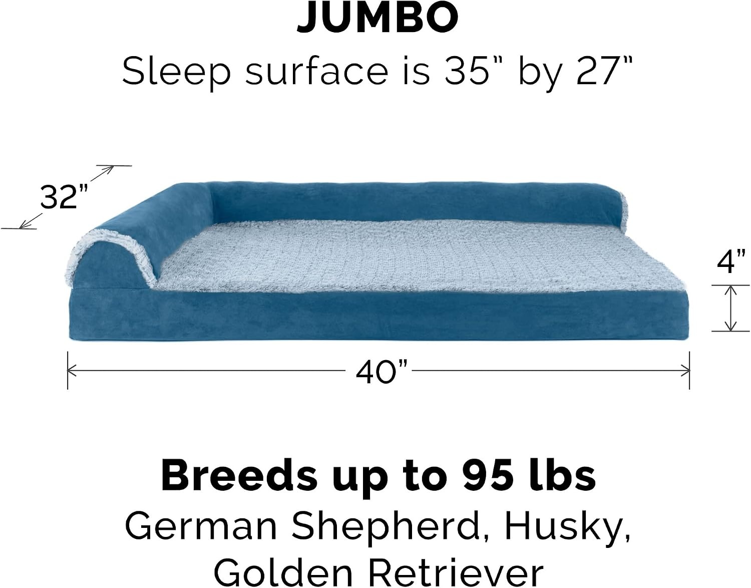 image:imageFurHaven Orthopedic Dog Bed for Large Dogs LShaped Chaise Contour Mattress with Solid Orthopedic Foam Slab for Joint Support Removable Washable Cover Jumbo Plus XXL Faux Fur amp Suede EspressoMarine Blue