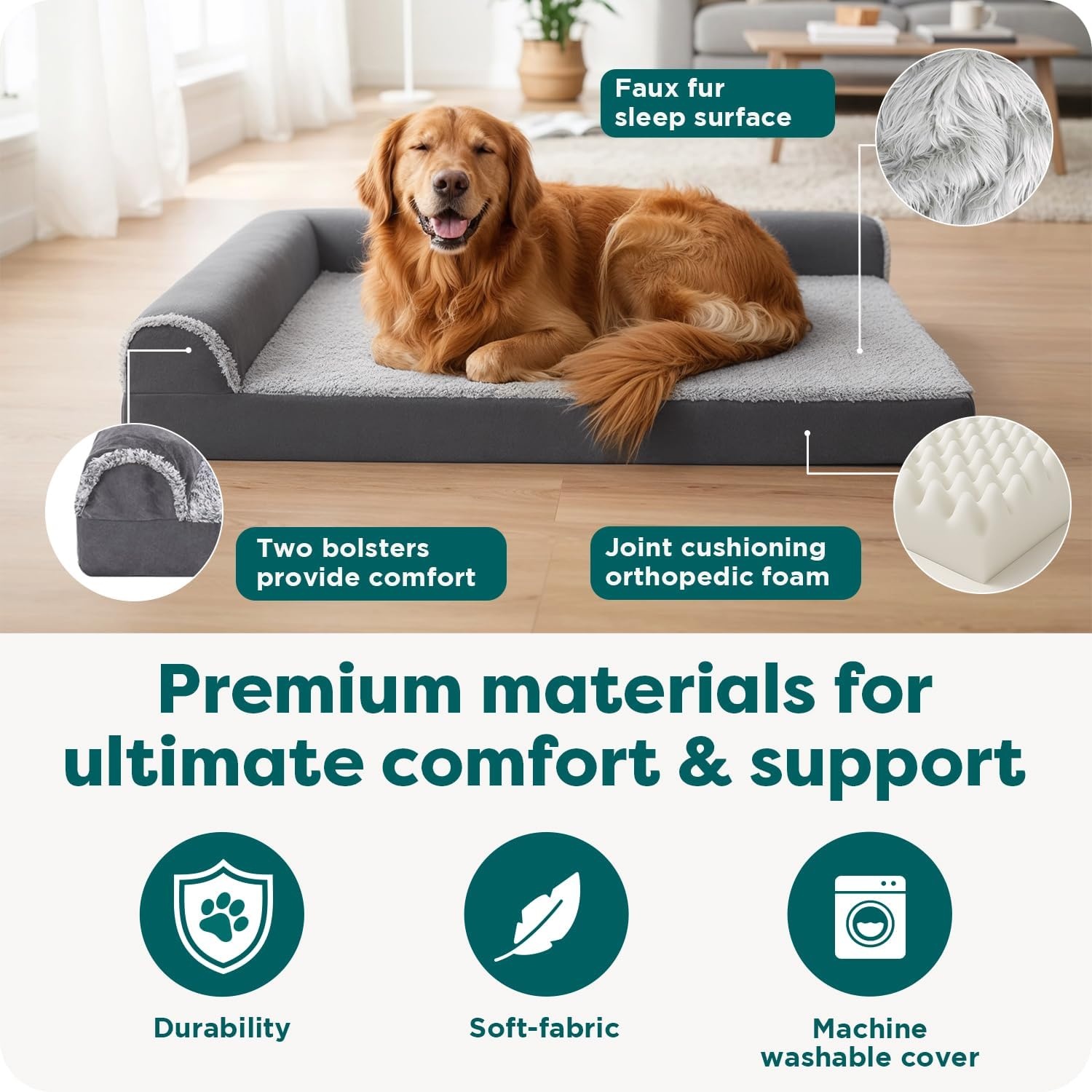 image:imageFurHaven Orthopedic Dog Bed for Large Dogs LShaped Chaise Contour Mattress with Solid Orthopedic Foam Slab for Joint Support Removable Washable Cover Jumbo Plus XXL Faux Fur amp Suede EspressoEspresso