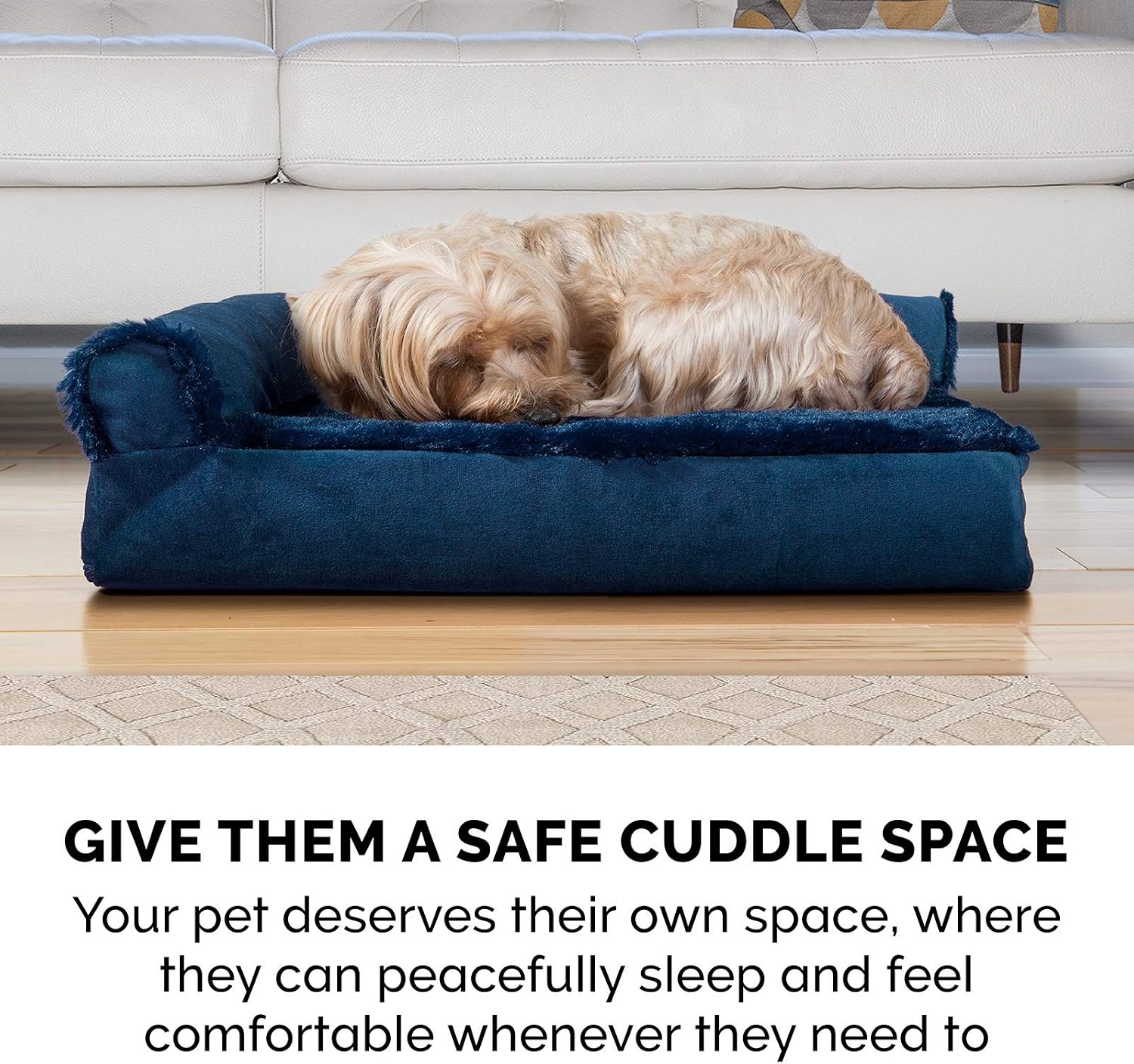 image:imageFurHaven Orthopedic Dog Bed for Large Dogs LShaped Chaise Contour Mattress with Solid Orthopedic Foam Slab for Joint Support Removable Washable Cover Jumbo Plus XXL Faux Fur amp Suede EspressoDeep Sapphire