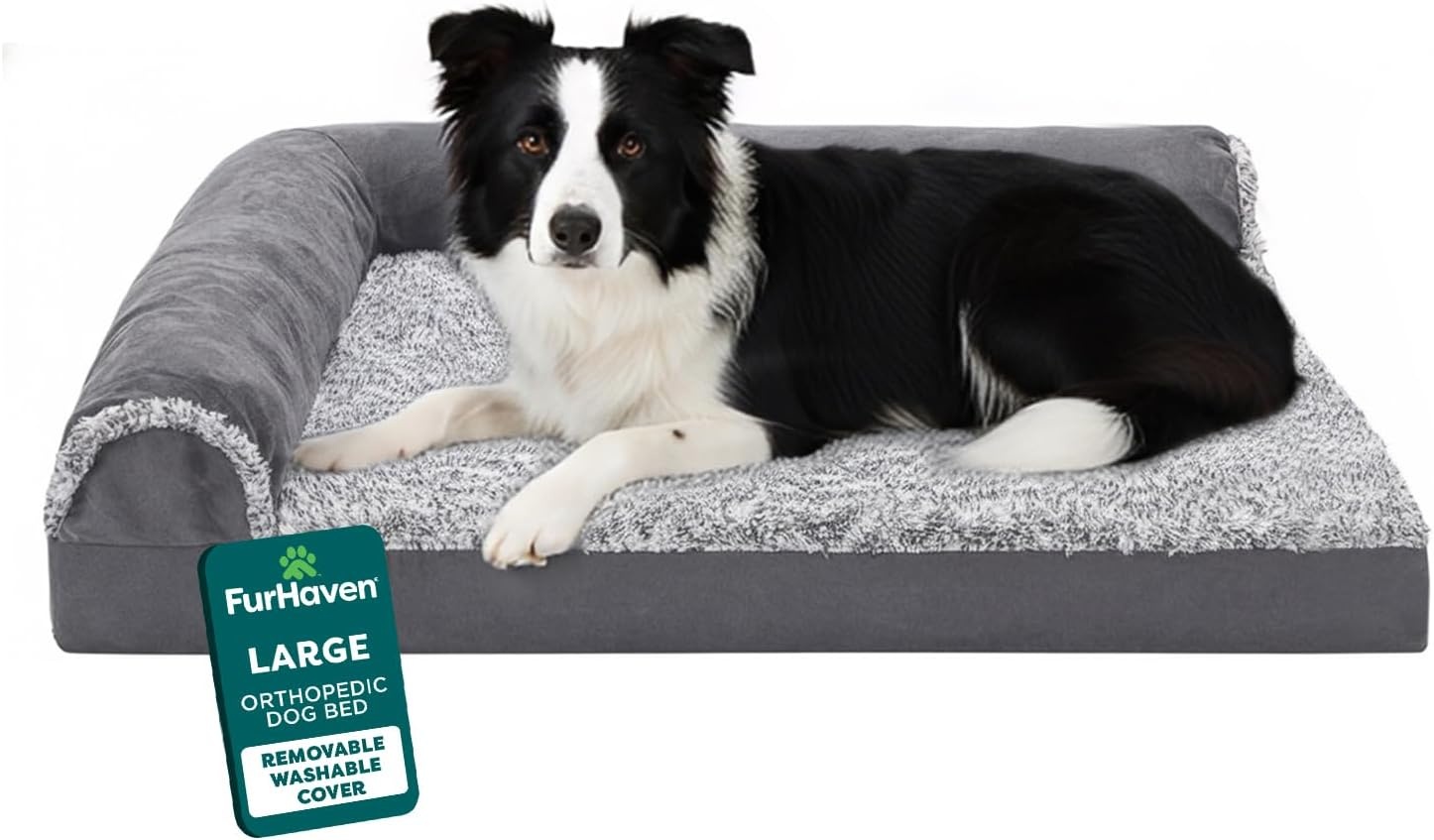 image:imageFurHaven Orthopedic Dog Bed for Large Dogs LShaped Chaise Contour Mattress with Solid Orthopedic Foam Slab for Joint Support Removable Washable Cover Jumbo Plus XXL Faux Fur amp Suede EspressoStone Gray