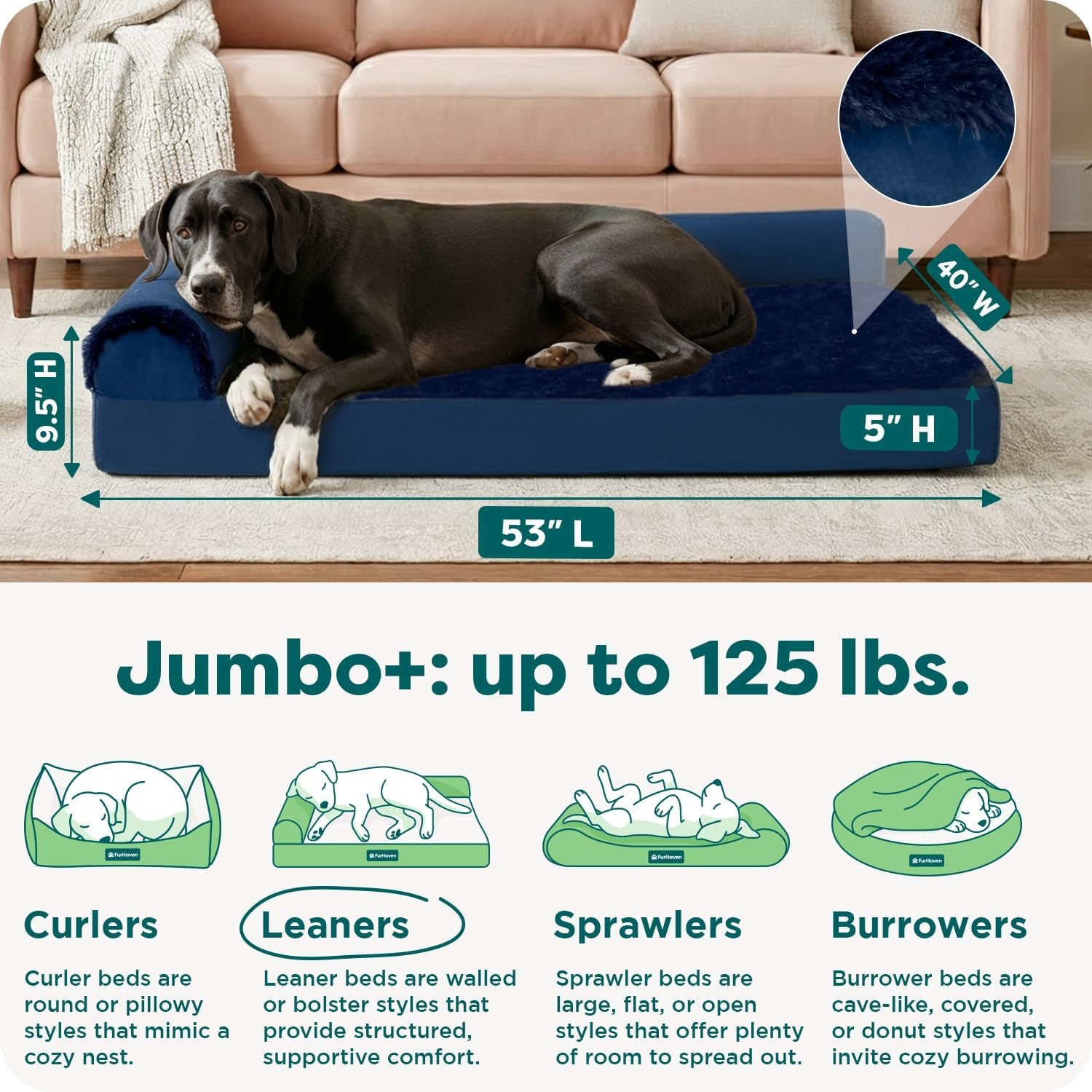 image:imageFurHaven Orthopedic Dog Bed for Large Dogs LShaped Chaise Contour Mattress with Solid Orthopedic Foam Slab for Joint Support Removable Washable Cover Jumbo Plus XXL Faux Fur amp Suede EspressoDeep Sapphire