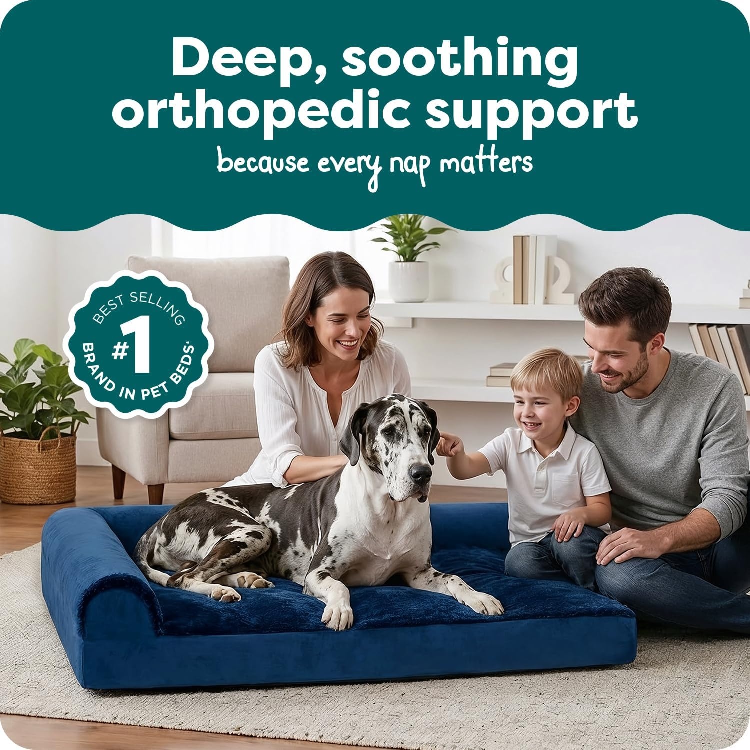 image:imageFurHaven Orthopedic Dog Bed for Large Dogs LShaped Chaise Contour Mattress with Solid Orthopedic Foam Slab for Joint Support Removable Washable Cover Jumbo Plus XXL Faux Fur amp Suede EspressoDeep Sapphire