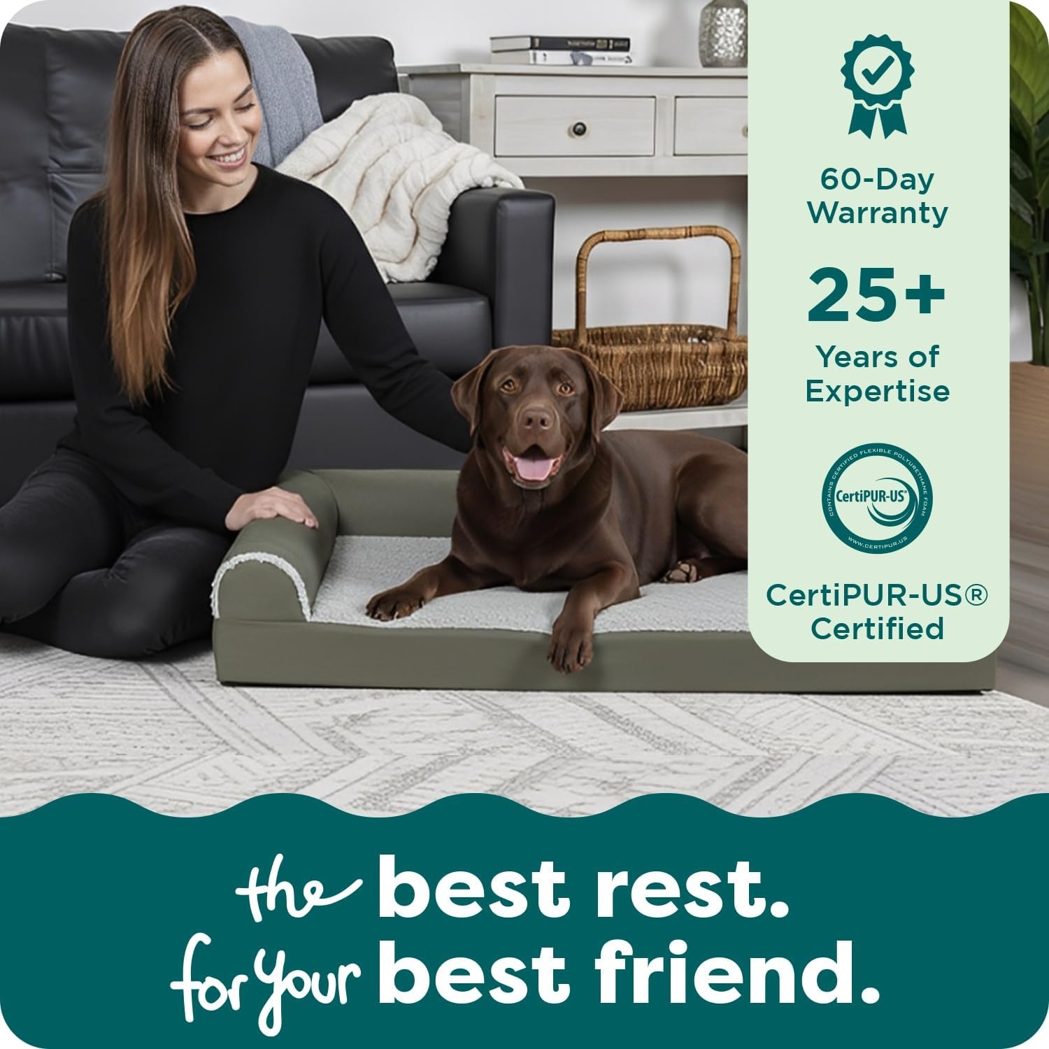 image:imageFurHaven Orthopedic Dog Bed for Large Dogs LShaped Chaise Contour Mattress with Solid Orthopedic Foam Slab for Joint Support Removable Washable Cover Jumbo Plus XXL Faux Fur amp Suede EspressoDark Sage