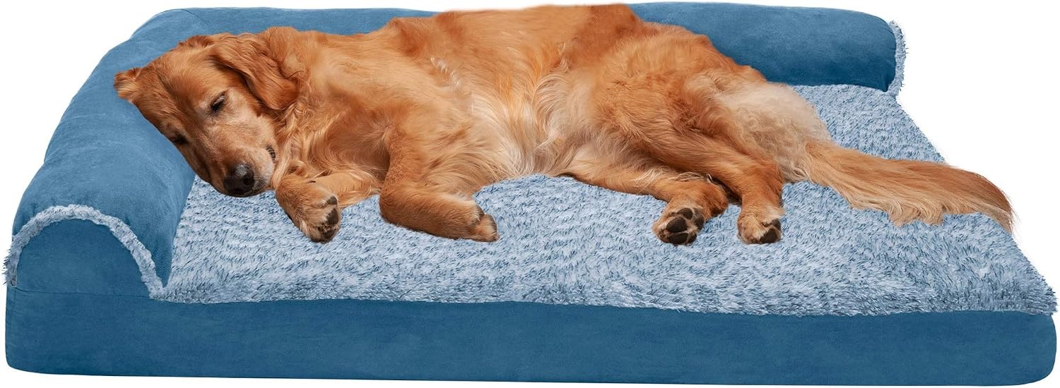 image:imageFurHaven Orthopedic Dog Bed for Large Dogs LShaped Chaise Contour Mattress with Solid Orthopedic Foam Slab for Joint Support Removable Washable Cover Jumbo Plus XXL Faux Fur amp Suede EspressoMarine Blue