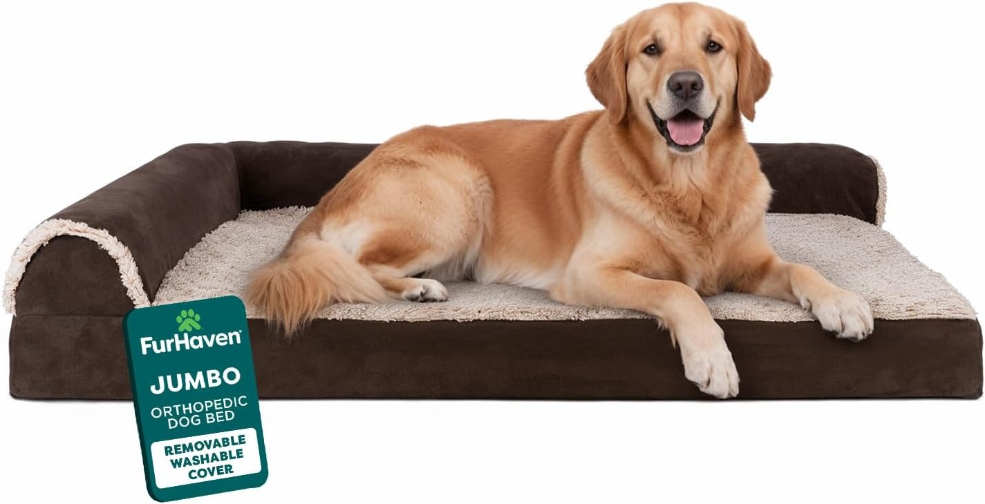 image:imageFurHaven Orthopedic Dog Bed for Large Dogs LShaped Chaise Contour Mattress with Solid Orthopedic Foam Slab for Joint Support Removable Washable Cover Jumbo Plus XXL Faux Fur amp Suede EspressoEspresso
