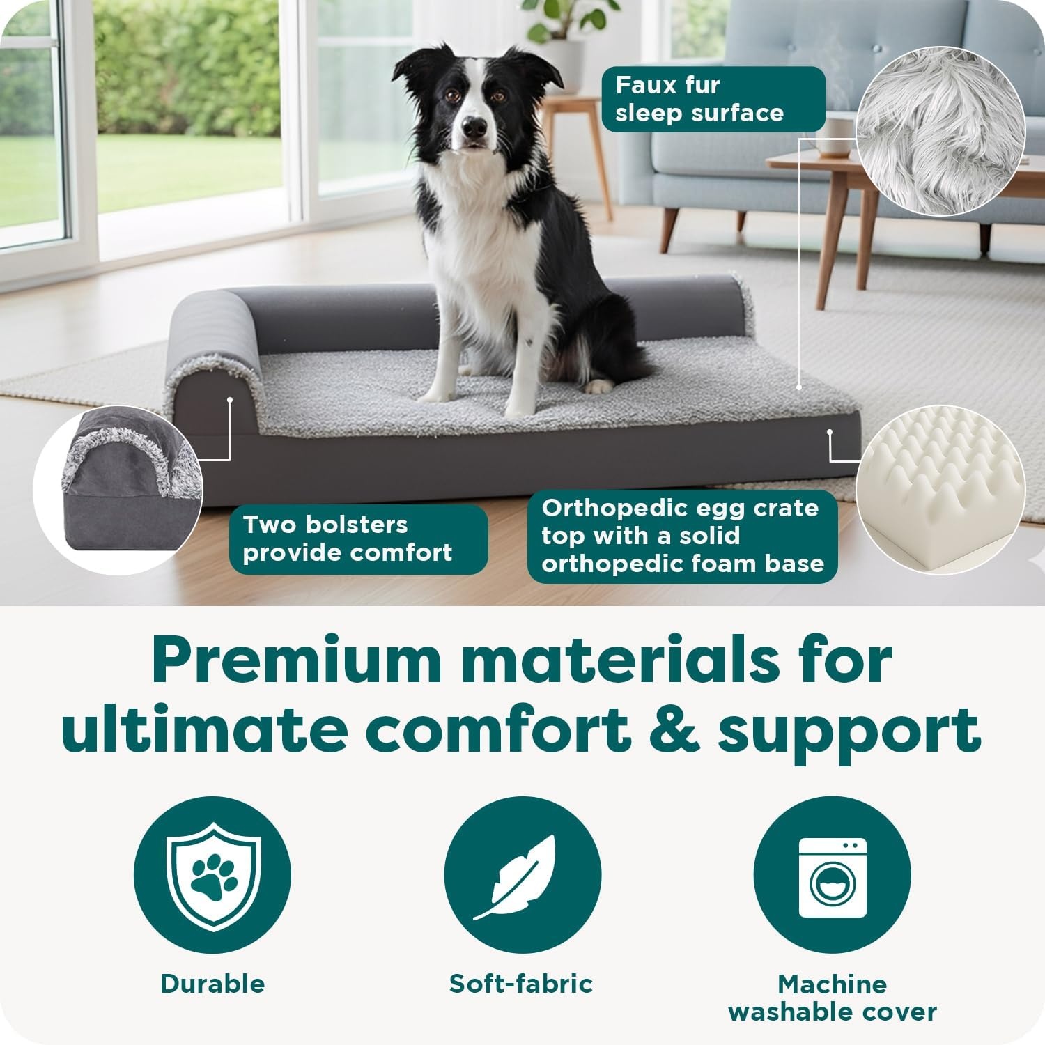image:imageFurHaven Orthopedic Dog Bed for Large Dogs LShaped Chaise Contour Mattress with Solid Orthopedic Foam Slab for Joint Support Removable Washable Cover Jumbo Plus XXL Faux Fur amp Suede EspressoDeep Sapphire