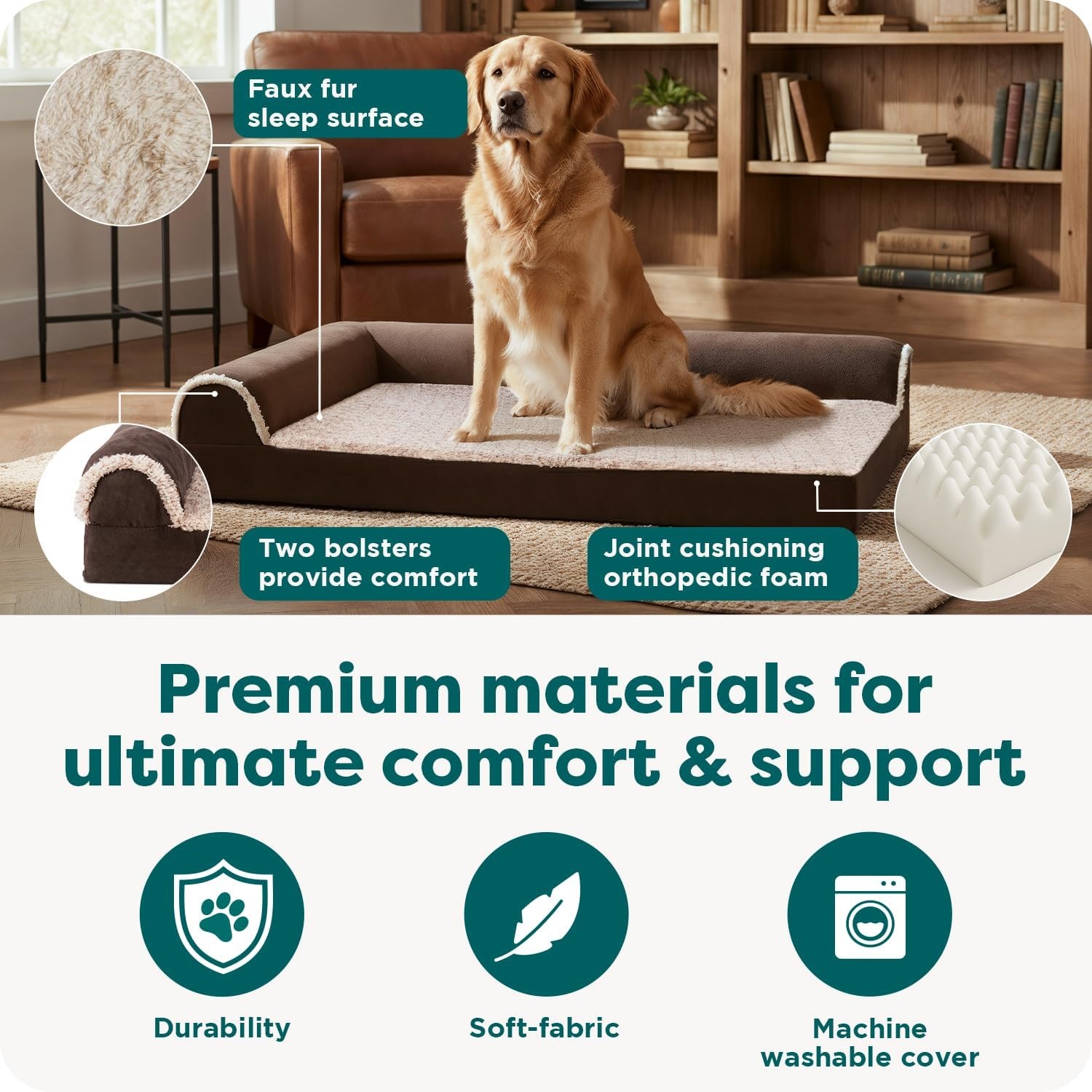 image:imageFurHaven Orthopedic Dog Bed for Large Dogs LShaped Chaise Contour Mattress with Solid Orthopedic Foam Slab for Joint Support Removable Washable Cover Jumbo Plus XXL Faux Fur amp Suede EspressoEspresso