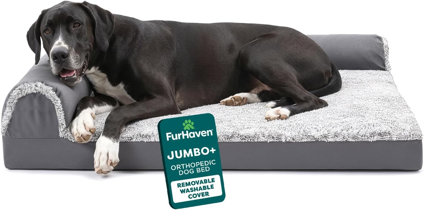 image:imageFurHaven Orthopedic Dog Bed for Large Dogs LShaped Chaise Contour Mattress with Solid Orthopedic Foam Slab for Joint Support Removable Washable Cover Jumbo Plus XXL Faux Fur amp Suede EspressoStone Gray
