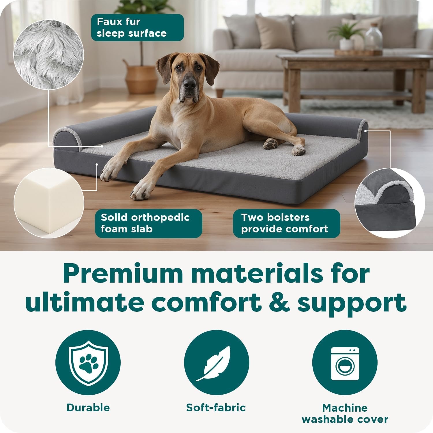 image:imageFurHaven Orthopedic Dog Bed for Large Dogs LShaped Chaise Contour Mattress with Solid Orthopedic Foam Slab for Joint Support Removable Washable Cover Jumbo Plus XXL Faux Fur amp Suede EspressoDeep Sapphire