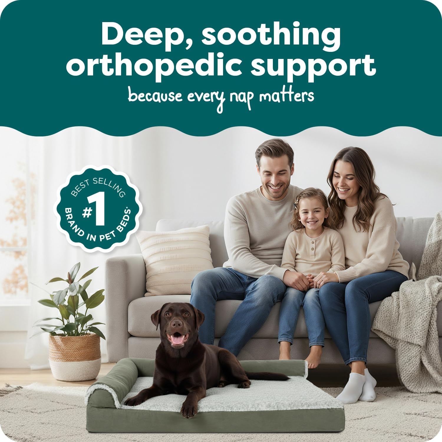 image:imageFurHaven Orthopedic Dog Bed for Large Dogs LShaped Chaise Contour Mattress with Solid Orthopedic Foam Slab for Joint Support Removable Washable Cover Jumbo Plus XXL Faux Fur amp Suede EspressoDark Sage