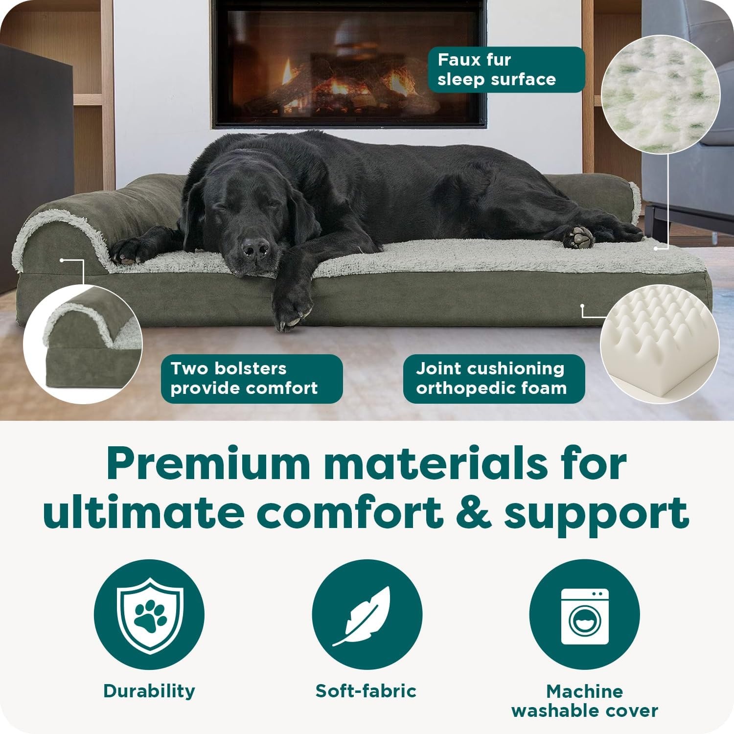 image:imageFurHaven Orthopedic Dog Bed for Large Dogs LShaped Chaise Contour Mattress with Solid Orthopedic Foam Slab for Joint Support Removable Washable Cover Jumbo Plus XXL Faux Fur amp Suede EspressoDark Sage