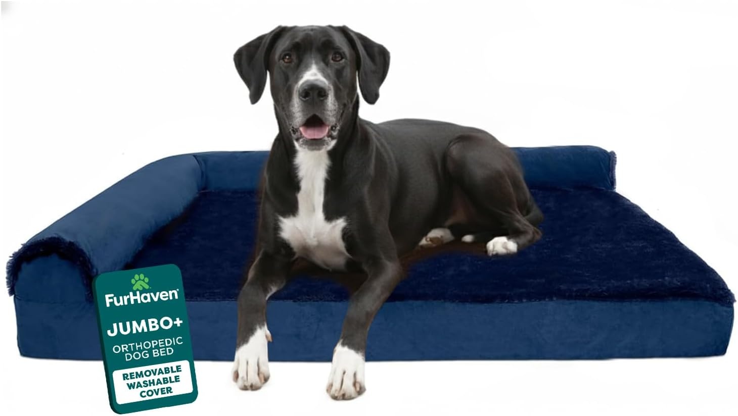 image:imageFurHaven Orthopedic Dog Bed for Large Dogs LShaped Chaise Contour Mattress with Solid Orthopedic Foam Slab for Joint Support Removable Washable Cover Jumbo Plus XXL Faux Fur amp Suede EspressoDeep Sapphire