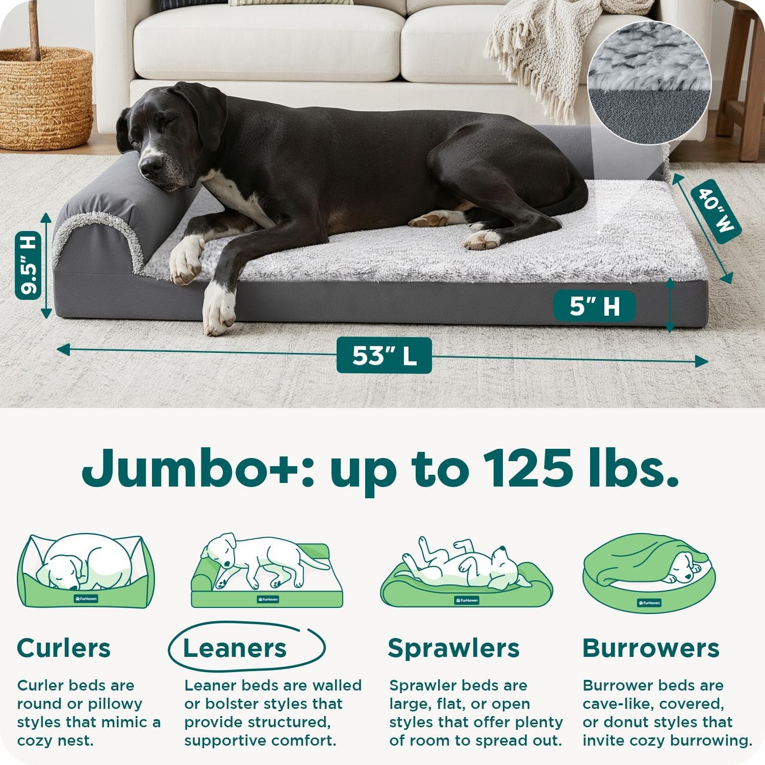 image:imageFurHaven Orthopedic Dog Bed for Large Dogs LShaped Chaise Contour Mattress with Solid Orthopedic Foam Slab for Joint Support Removable Washable Cover Jumbo Plus XXL Faux Fur amp Suede EspressoStone Gray