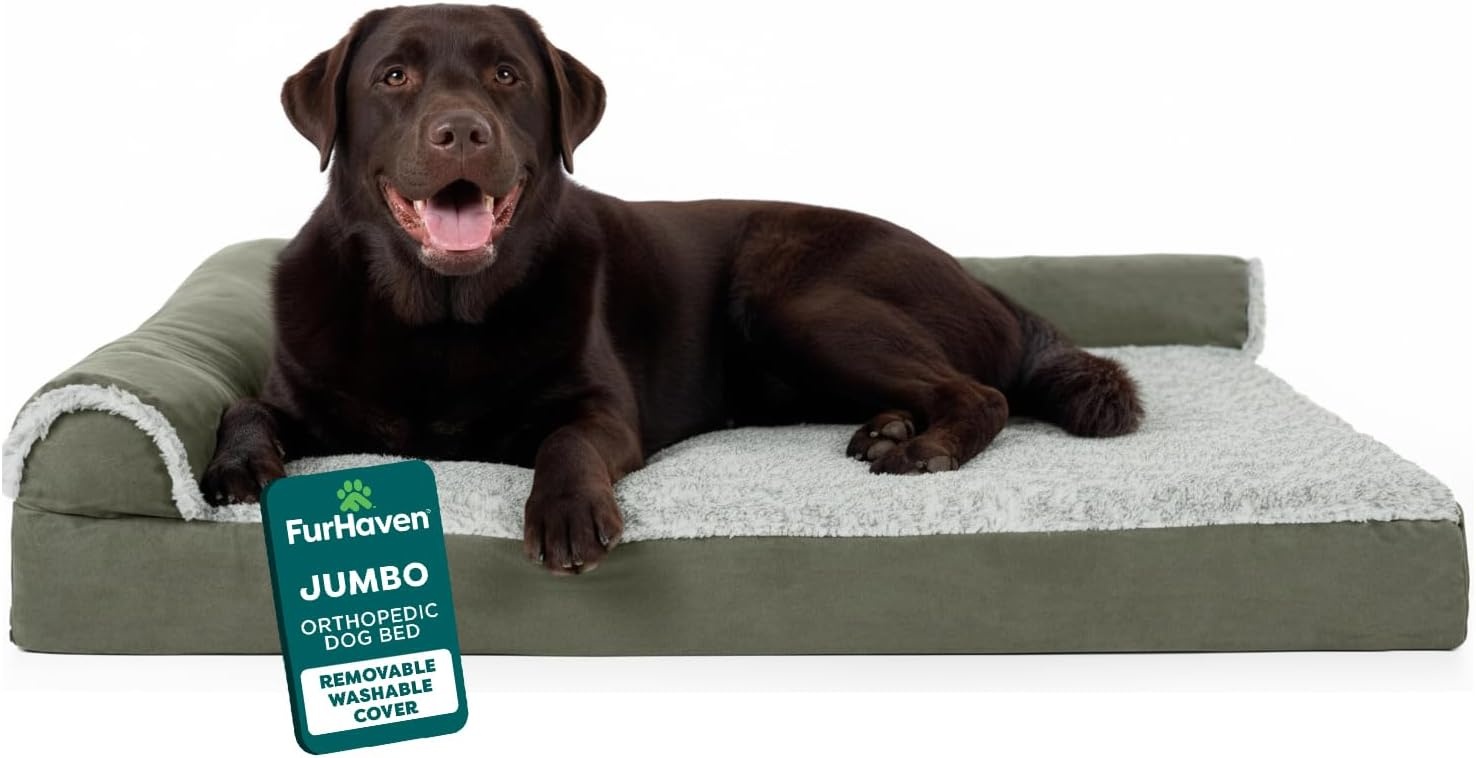 image:imageFurHaven Orthopedic Dog Bed for Large Dogs LShaped Chaise Contour Mattress with Solid Orthopedic Foam Slab for Joint Support Removable Washable Cover Jumbo Plus XXL Faux Fur amp Suede EspressoDark Sage