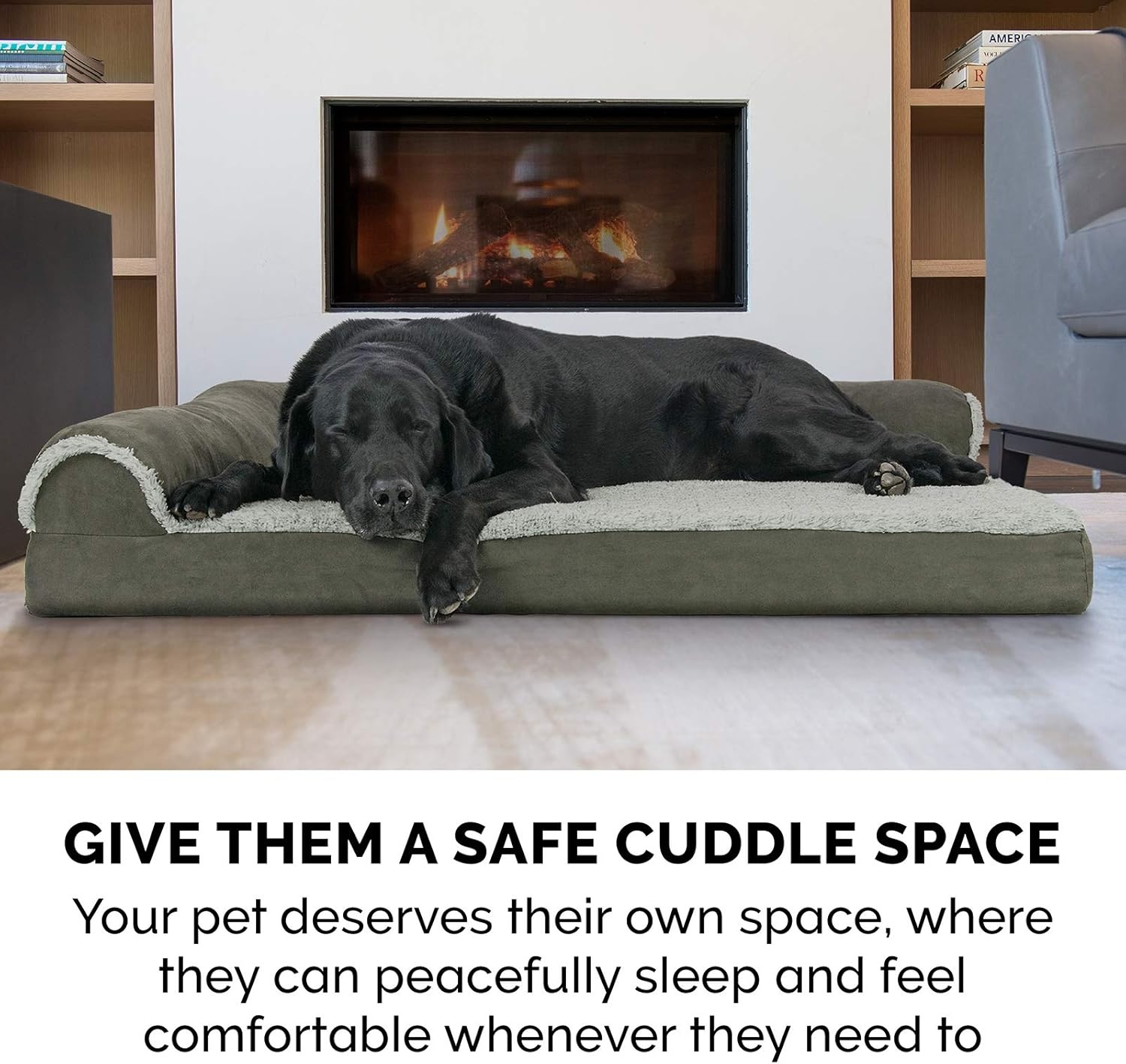 image:imageFurHaven Orthopedic Dog Bed for Large Dogs LShaped Chaise Contour Mattress with Solid Orthopedic Foam Slab for Joint Support Removable Washable Cover Jumbo Plus XXL Faux Fur amp Suede EspressoDark Sage