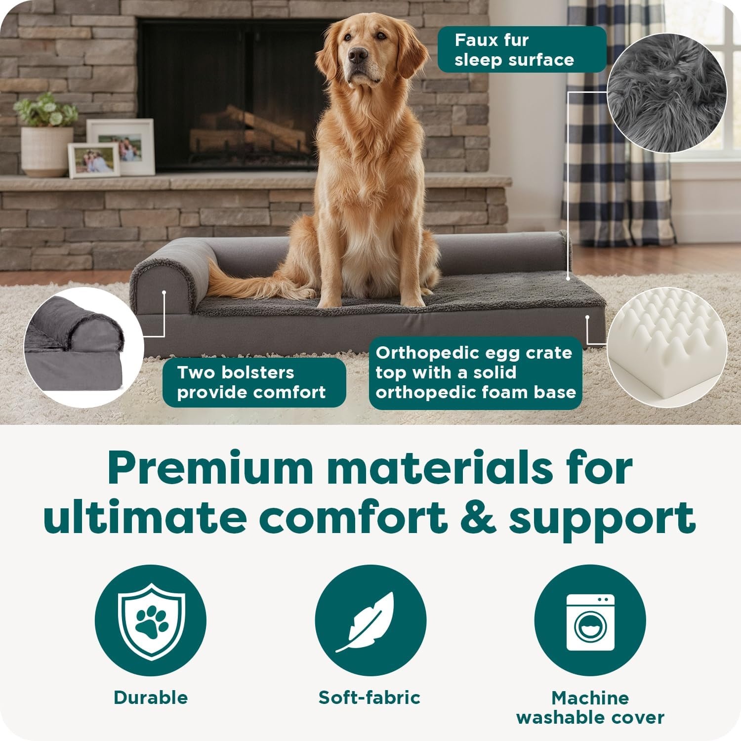 image:imageFurHaven Orthopedic Dog Bed for Large Dogs LShaped Chaise Contour Mattress with Solid Orthopedic Foam Slab for Joint Support Removable Washable Cover Jumbo Plus XXL Faux Fur amp Suede EspressoPlatinum Gray
