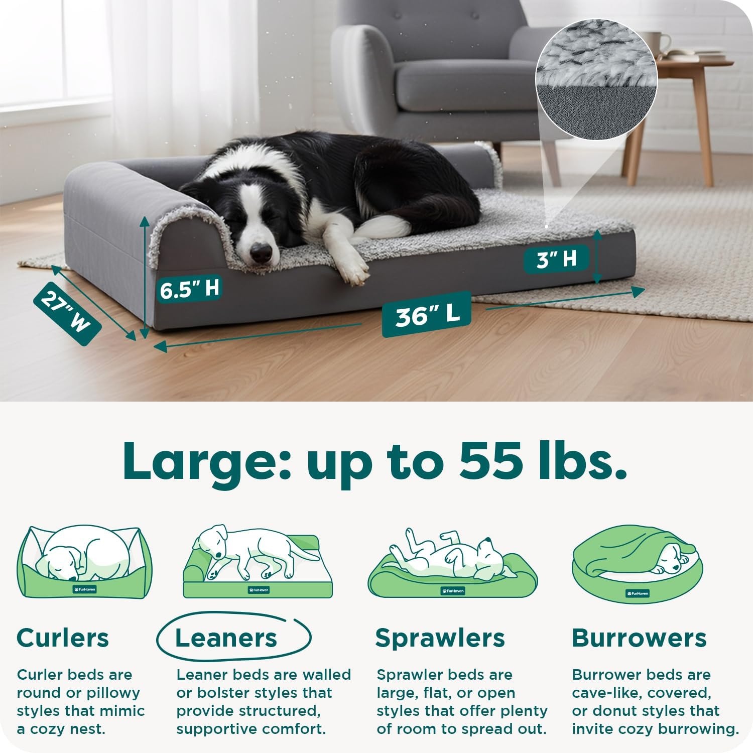 image:imageFurHaven Orthopedic Dog Bed for Large Dogs LShaped Chaise Contour Mattress with Solid Orthopedic Foam Slab for Joint Support Removable Washable Cover Jumbo Plus XXL Faux Fur amp Suede EspressoStone Gray