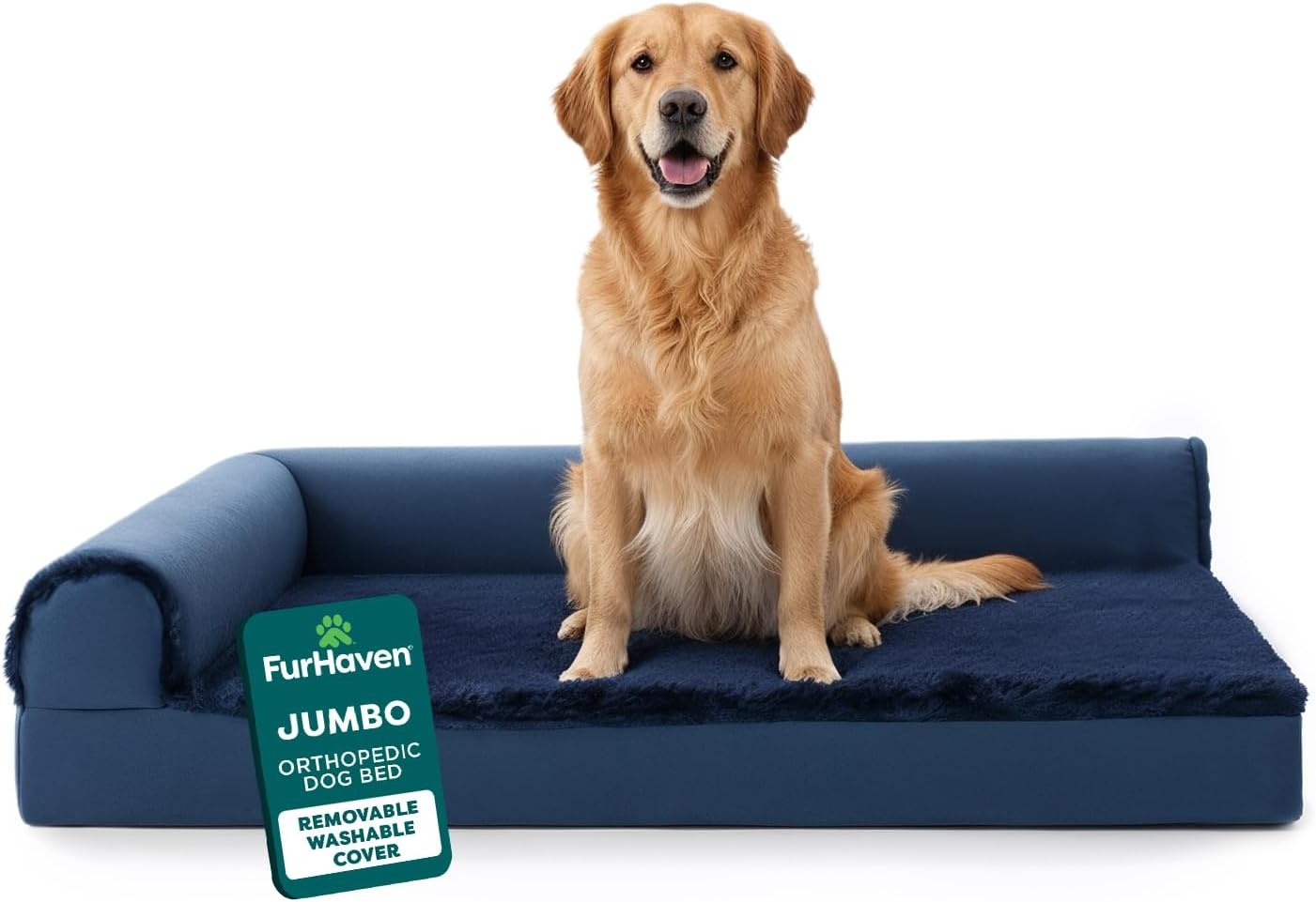 image:imageFurHaven Orthopedic Dog Bed for Large Dogs LShaped Chaise Contour Mattress with Solid Orthopedic Foam Slab for Joint Support Removable Washable Cover Jumbo Plus XXL Faux Fur amp Suede EspressoDeep Sapphire
