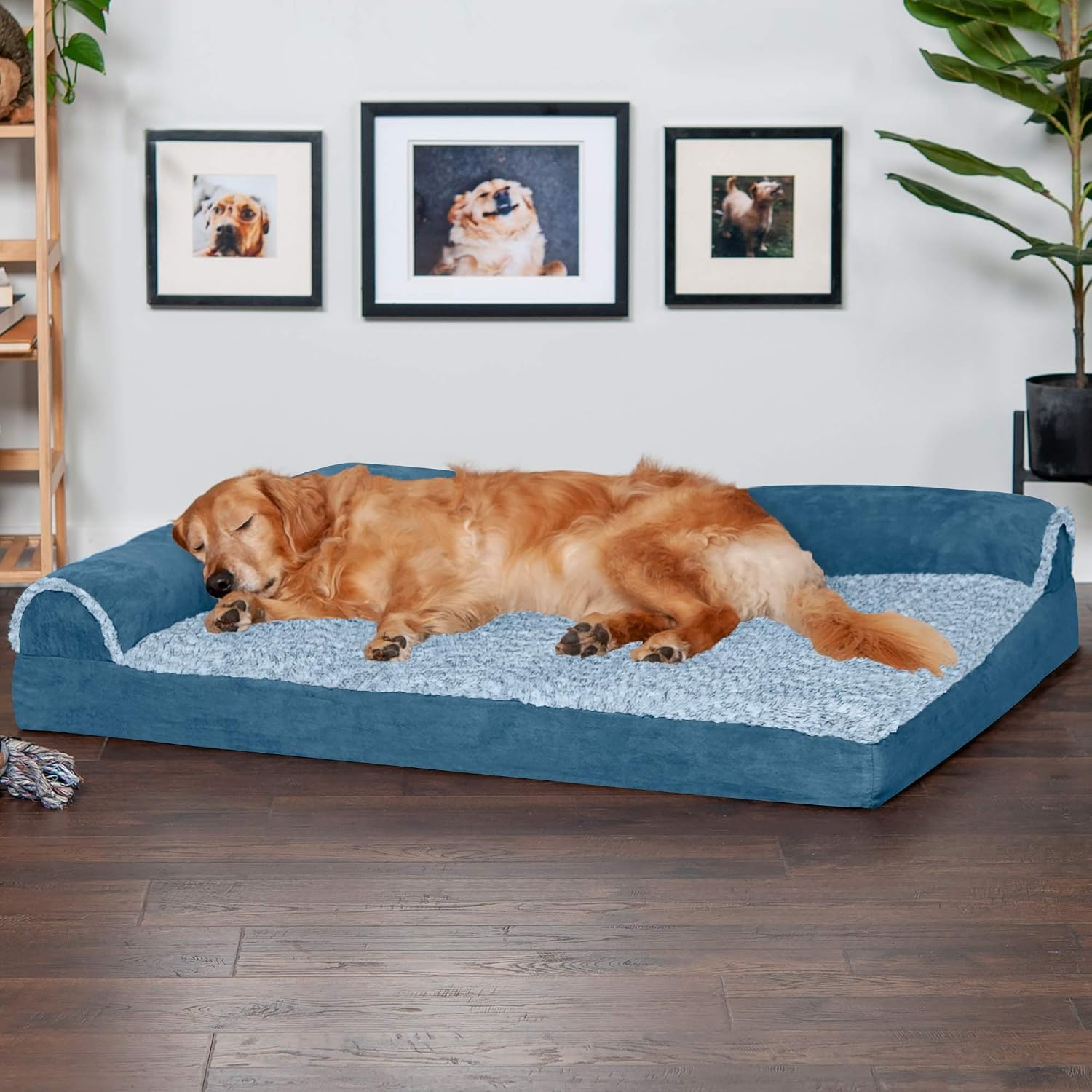 image:imageFurHaven Orthopedic Dog Bed for Large Dogs LShaped Chaise Contour Mattress with Solid Orthopedic Foam Slab for Joint Support Removable Washable Cover Jumbo Plus XXL Faux Fur amp Suede EspressoMarine Blue