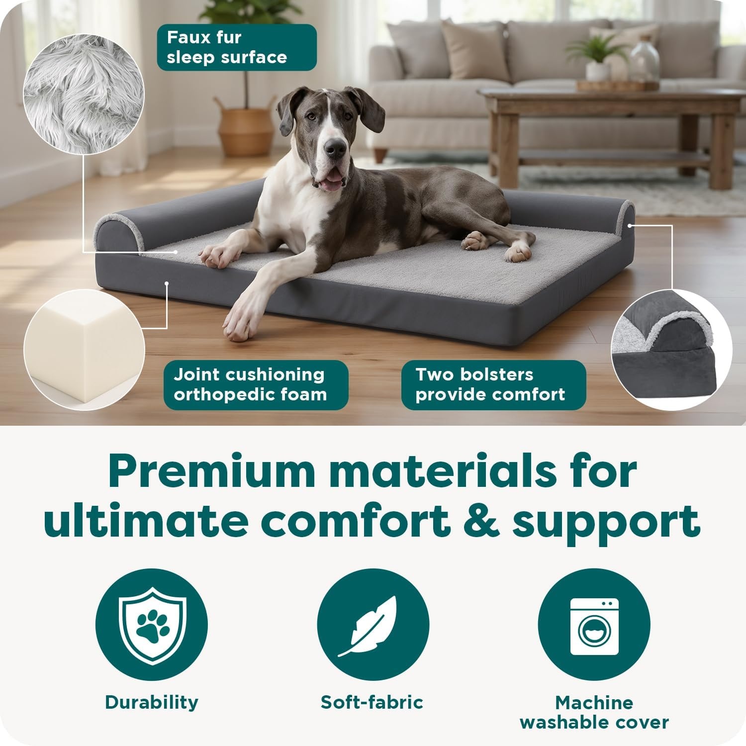 image:imageFurHaven Orthopedic Dog Bed for Large Dogs LShaped Chaise Contour Mattress with Solid Orthopedic Foam Slab for Joint Support Removable Washable Cover Jumbo Plus XXL Faux Fur amp Suede EspressoStone Gray