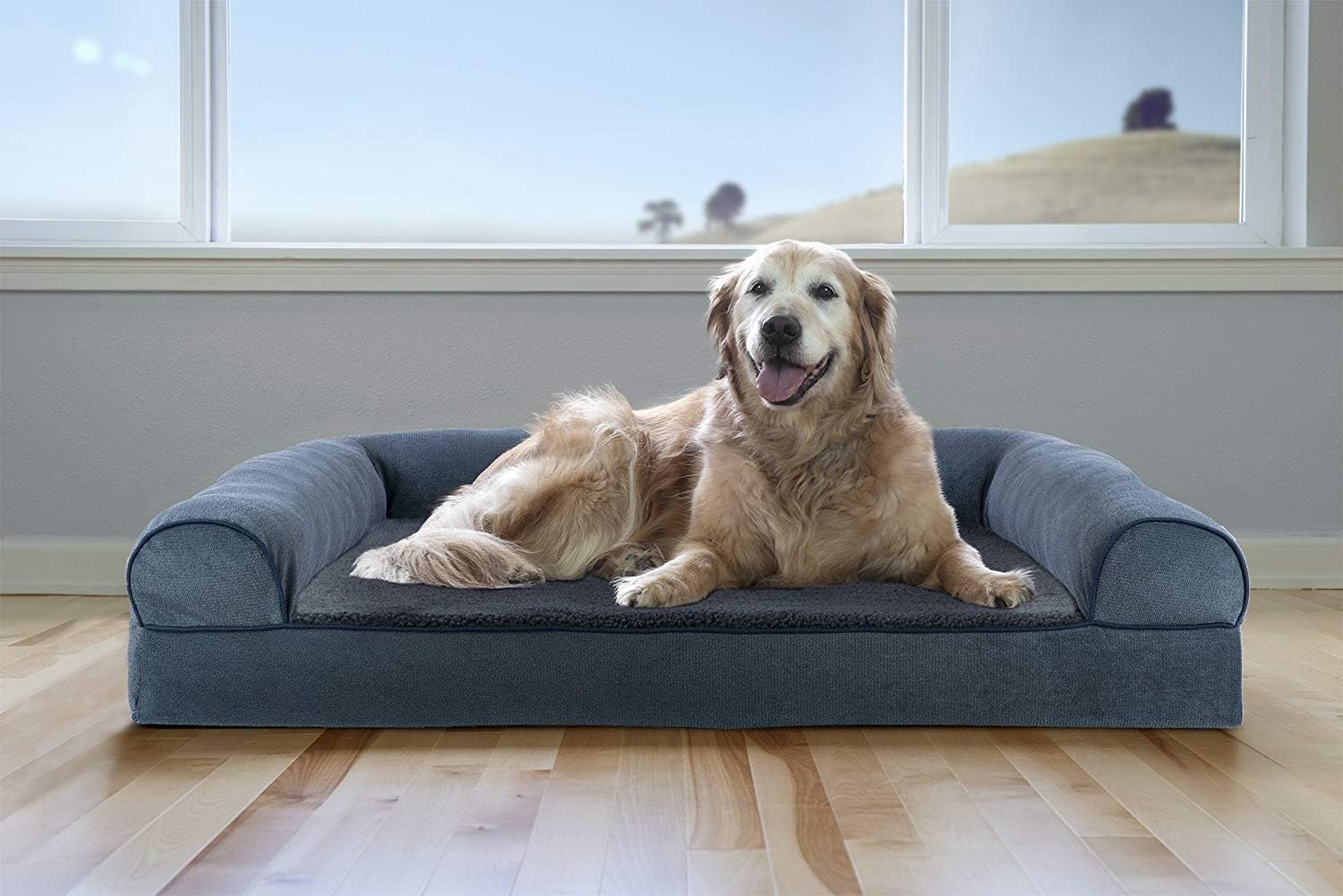 image:imageFurHaven Orthopedic Dog Bed for Large Dogs SofaStyle with Cool GelTop Foam with a Solid Orthopedic Foam Base for Joint Support Removable Washable Cover Jumbo XL Plush amp Suede GrayOrion Blue