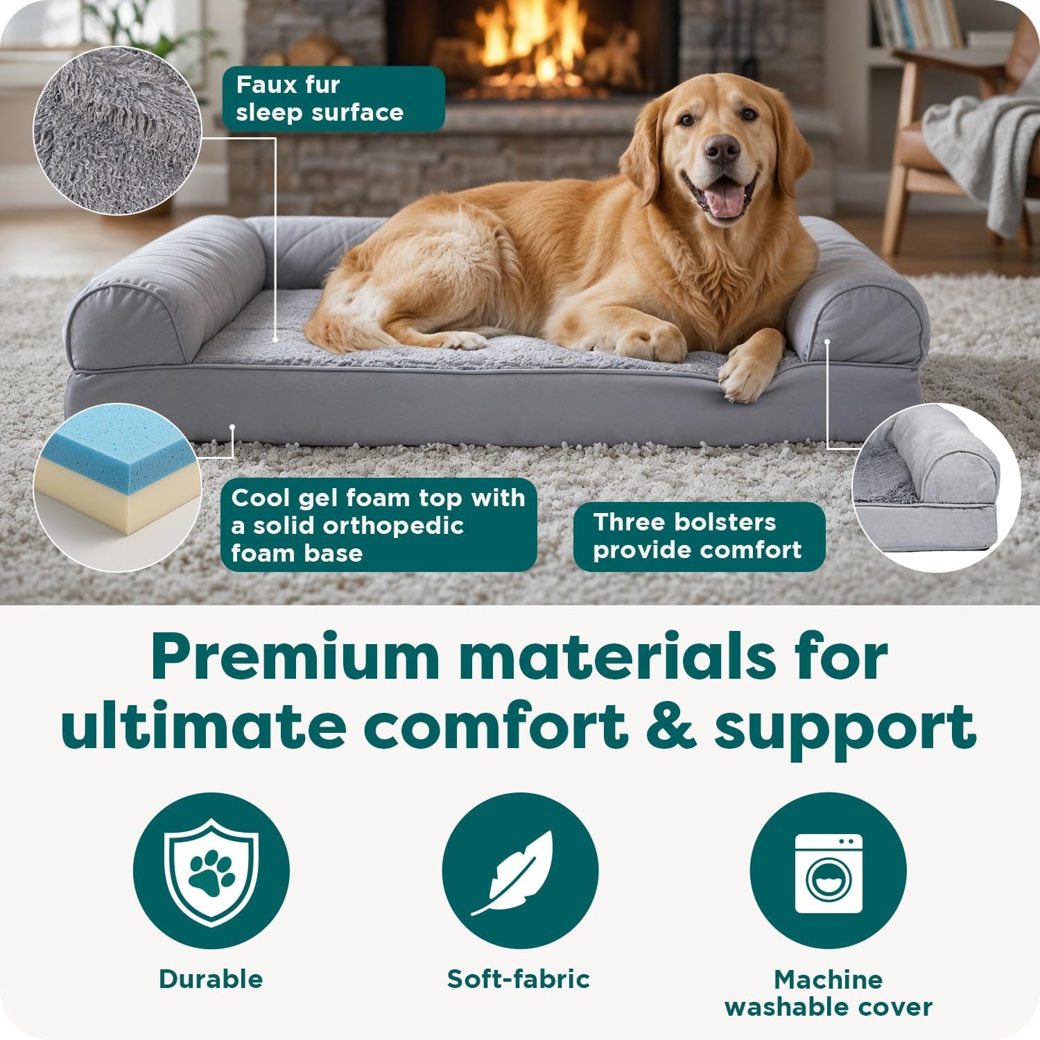 image:imageFurHaven Orthopedic Dog Bed for Large Dogs SofaStyle with Cool GelTop Foam with a Solid Orthopedic Foam Base for Joint Support Removable Washable Cover Jumbo XL Plush amp Suede GrayGray
